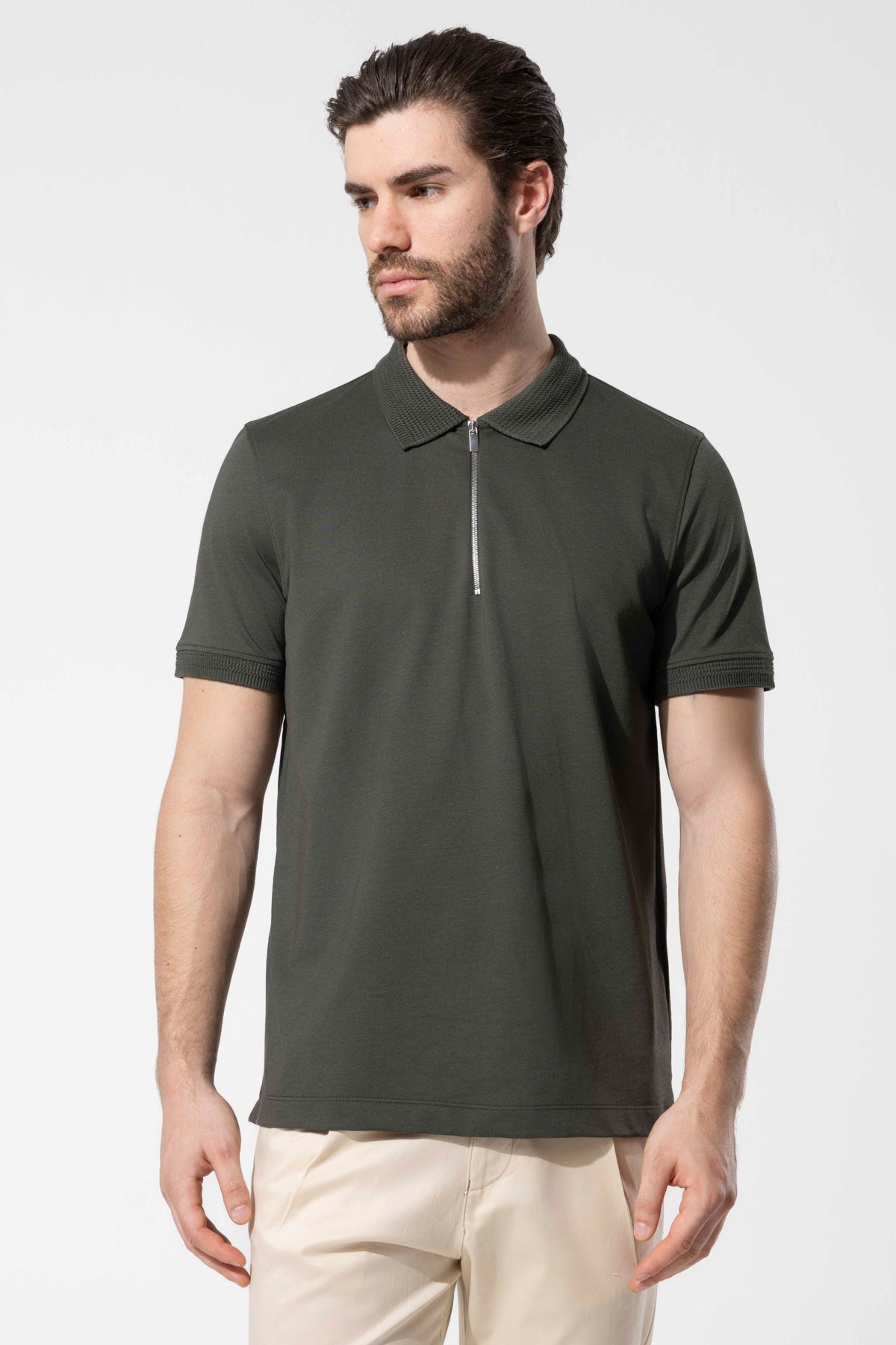 Fermuar Detaylı Örgü Yaka Polo T-Shirt