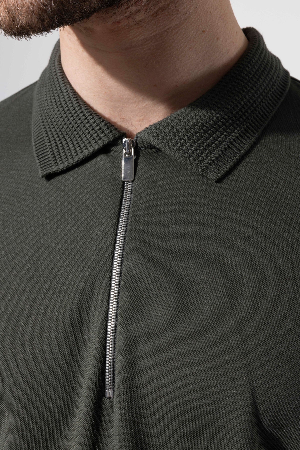Fermuar Detaylı Örgü Yaka Polo T-Shirt