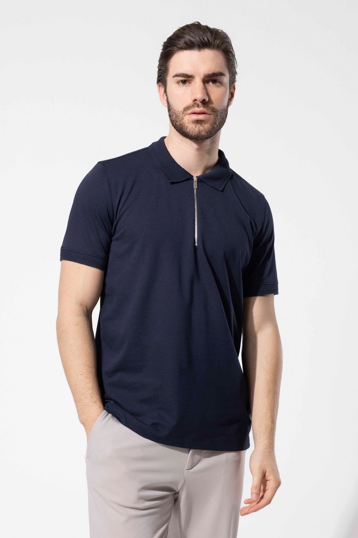Fermuar Detaylı Örgü Yaka Polo T-Shirt