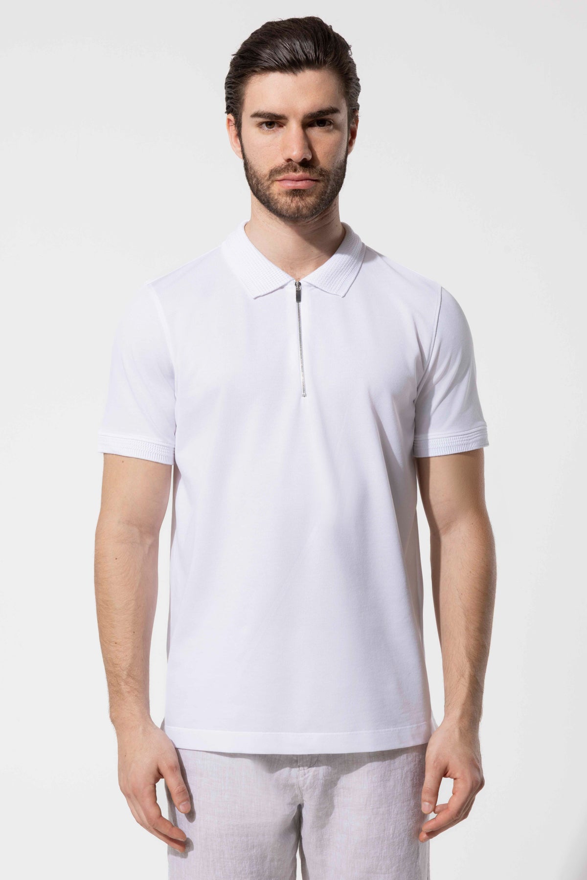 Fermuar Detaylı Örgü Yaka Polo T-Shirt