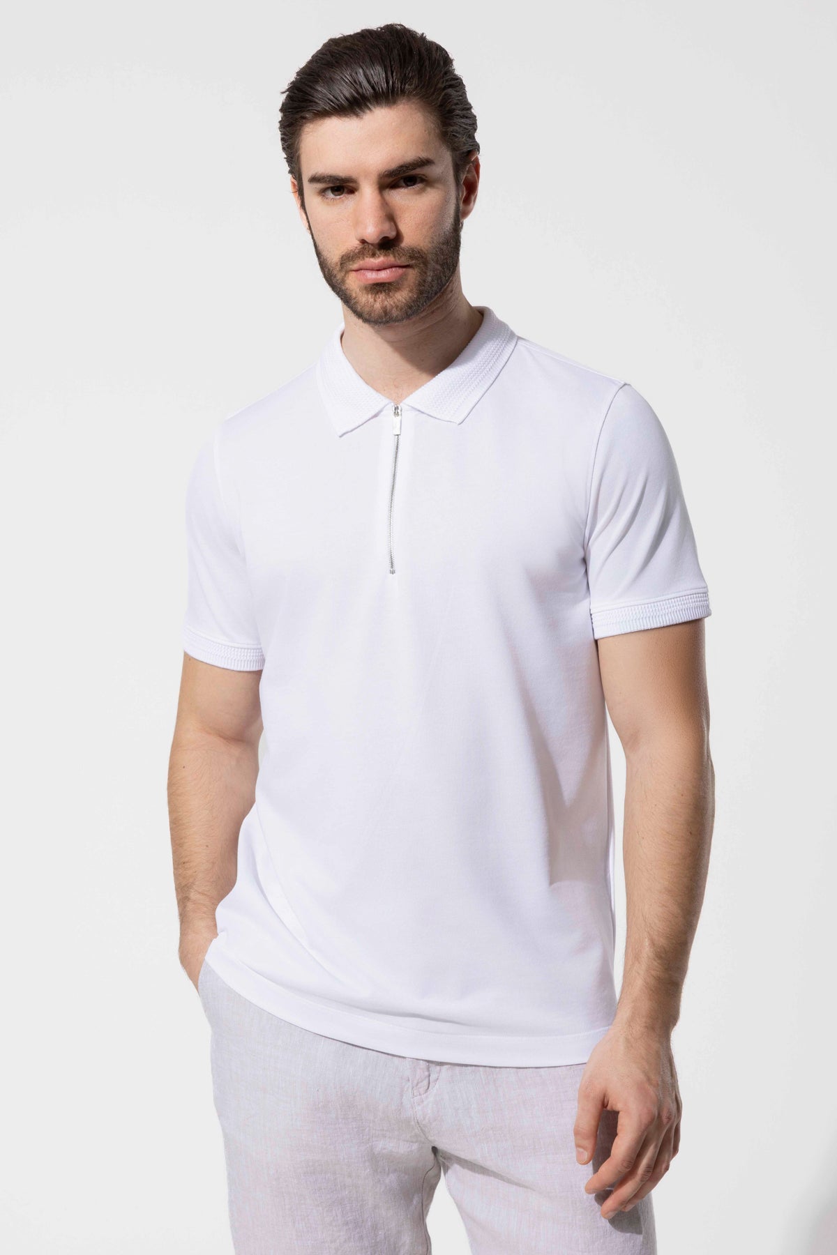 Fermuar Detaylı Örgü Yaka Polo T-Shirt