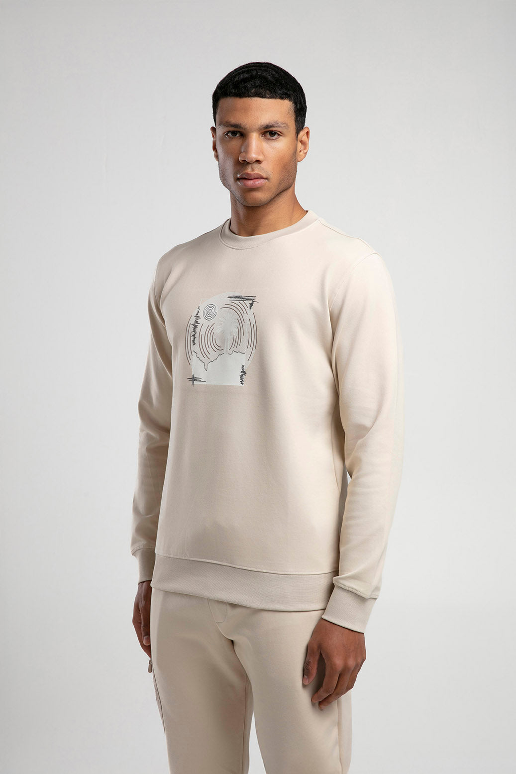 Baskılı Bisiklet Yaka Sweatshirt - Açık Bej
