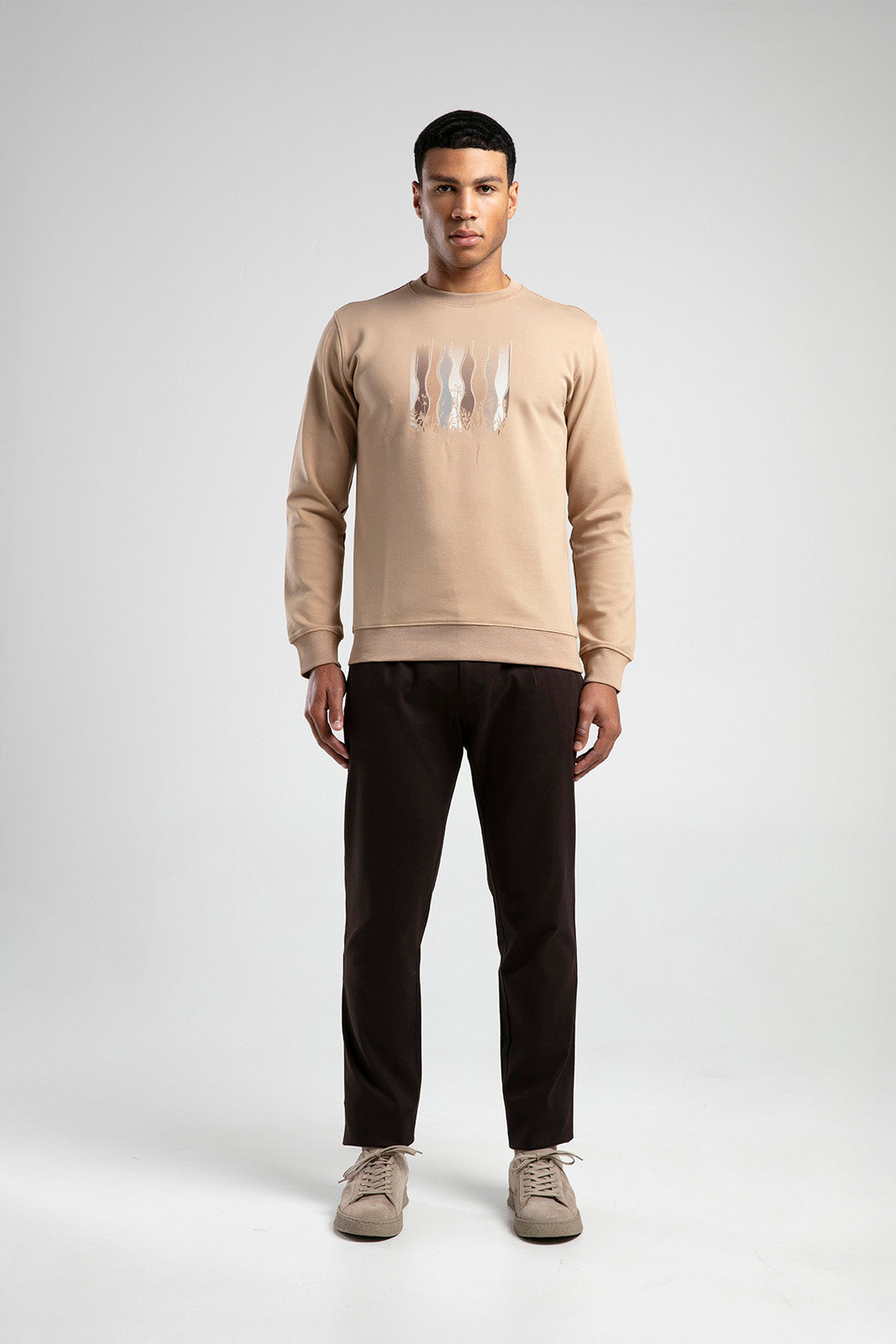 Kır Çiçeği Baskılı Bisiklet Yaka Erkek Sweatshirt - Bej