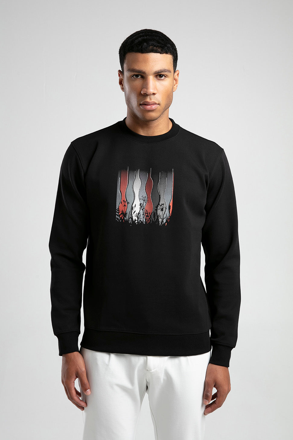 Kır Çiçeği Baskılı Bisiklet Yaka Erkek Sweatshirt - Siyah
