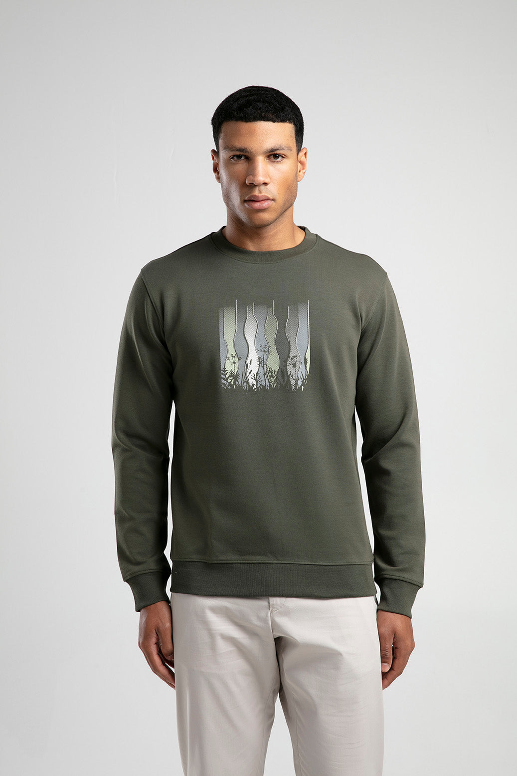 Kır Çiçeği Baskılı Bisiklet Yaka Erkek Sweatshirt - Haki