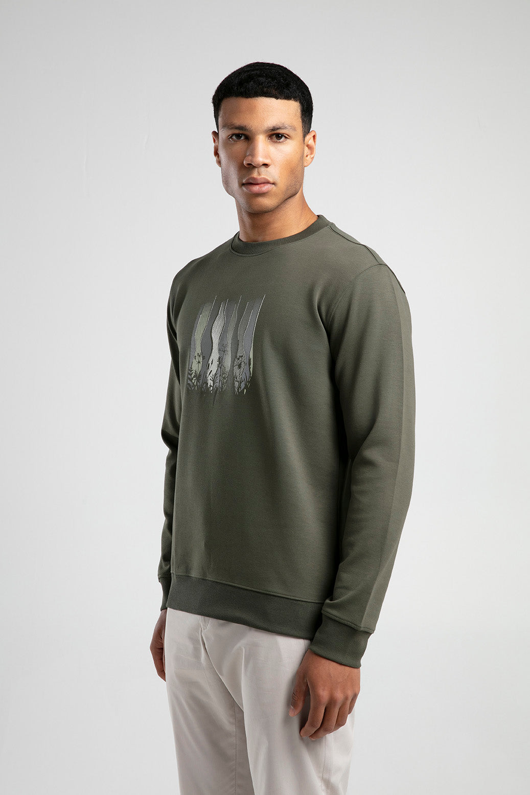 Kır Çiçeği Baskılı Bisiklet Yaka Erkek Sweatshirt - Haki