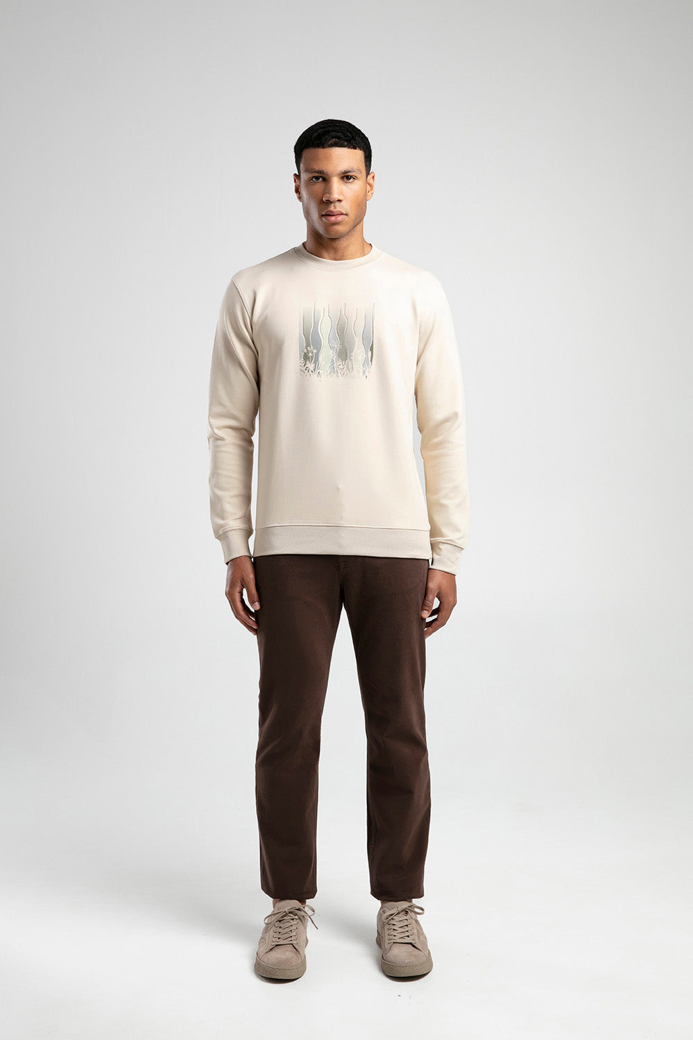 Kır Çiçeği Baskılı Bisiklet Yaka Erkek Sweatshirt - Açık Bej