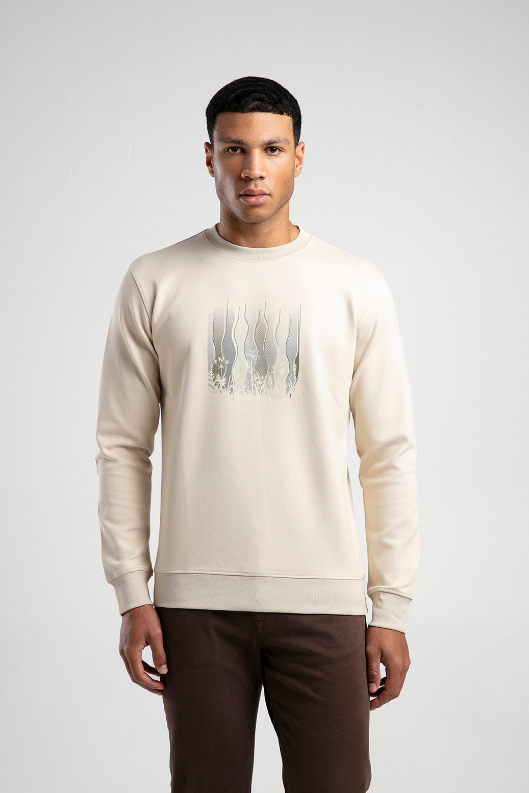 Kır Çiçeği Baskılı Bisiklet Yaka Erkek Sweatshirt - Açık Bej