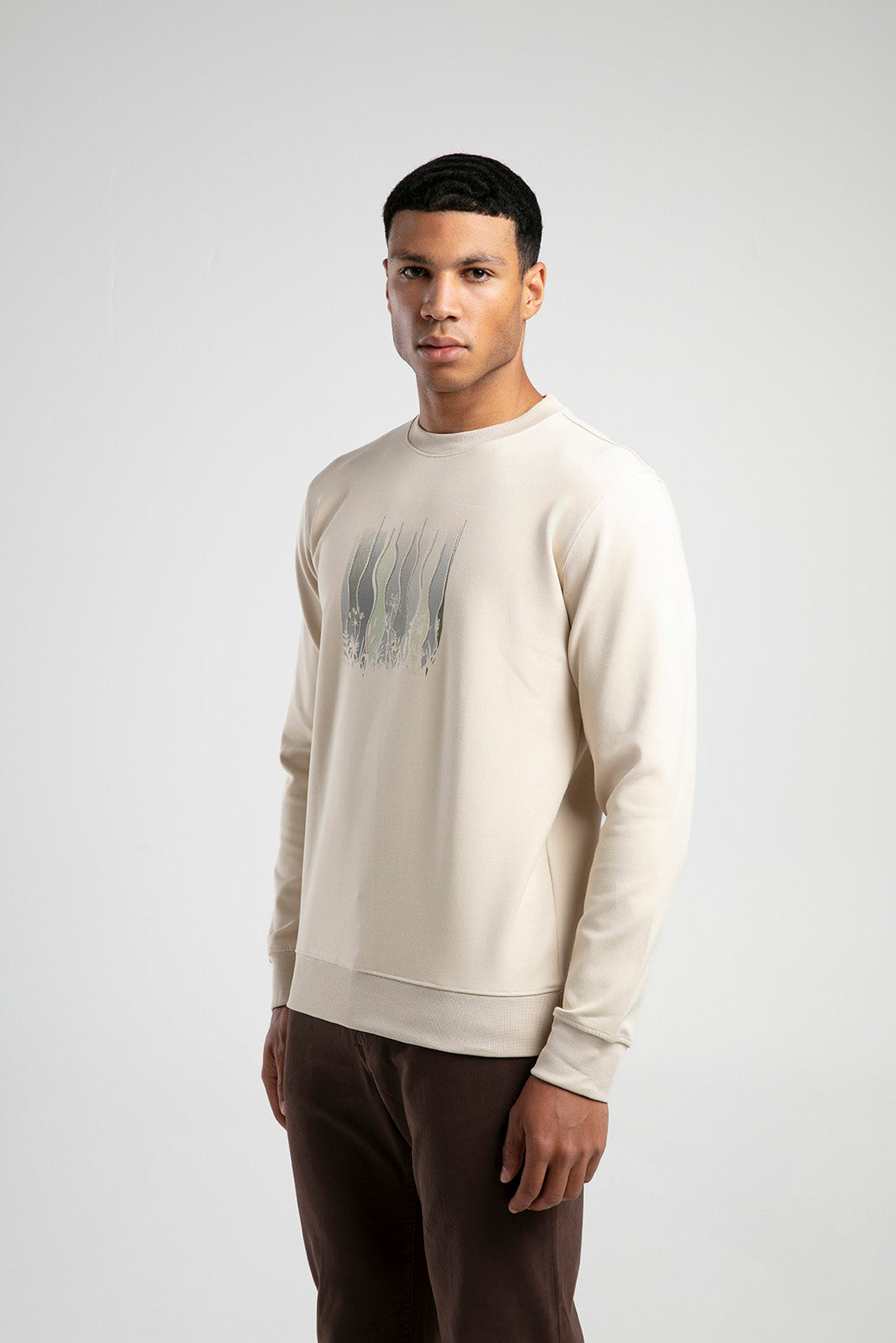 Kır Çiçeği Baskılı Bisiklet Yaka Erkek Sweatshirt - Açık Bej