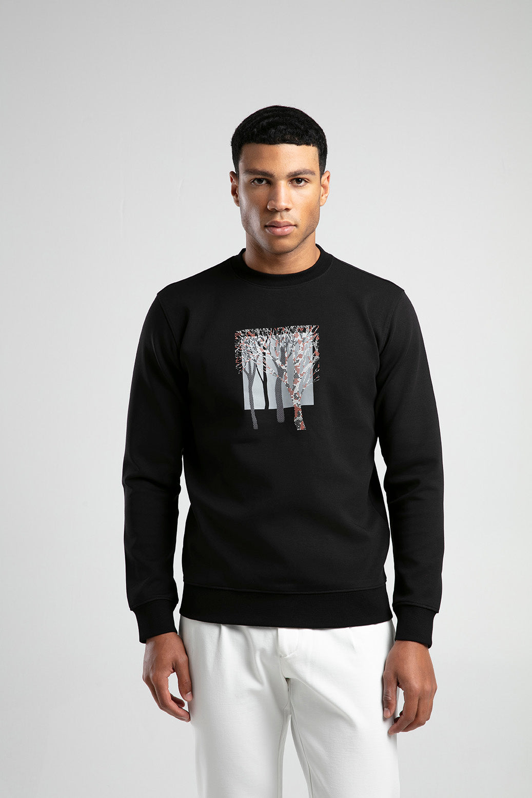 Ağaç Desen Baskılı Bisiklet Yaka Erkek Sweatshirt - Siyah
