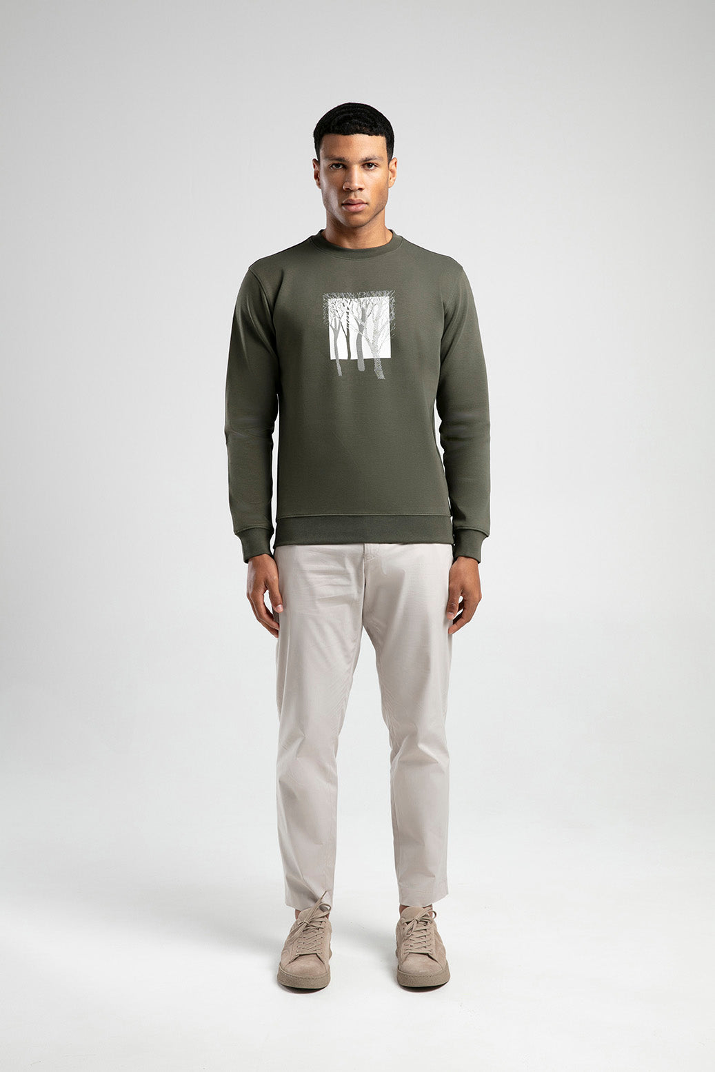 Ağaç Desen Baskılı Bisiklet Yaka Erkek Sweatshirt - Haki