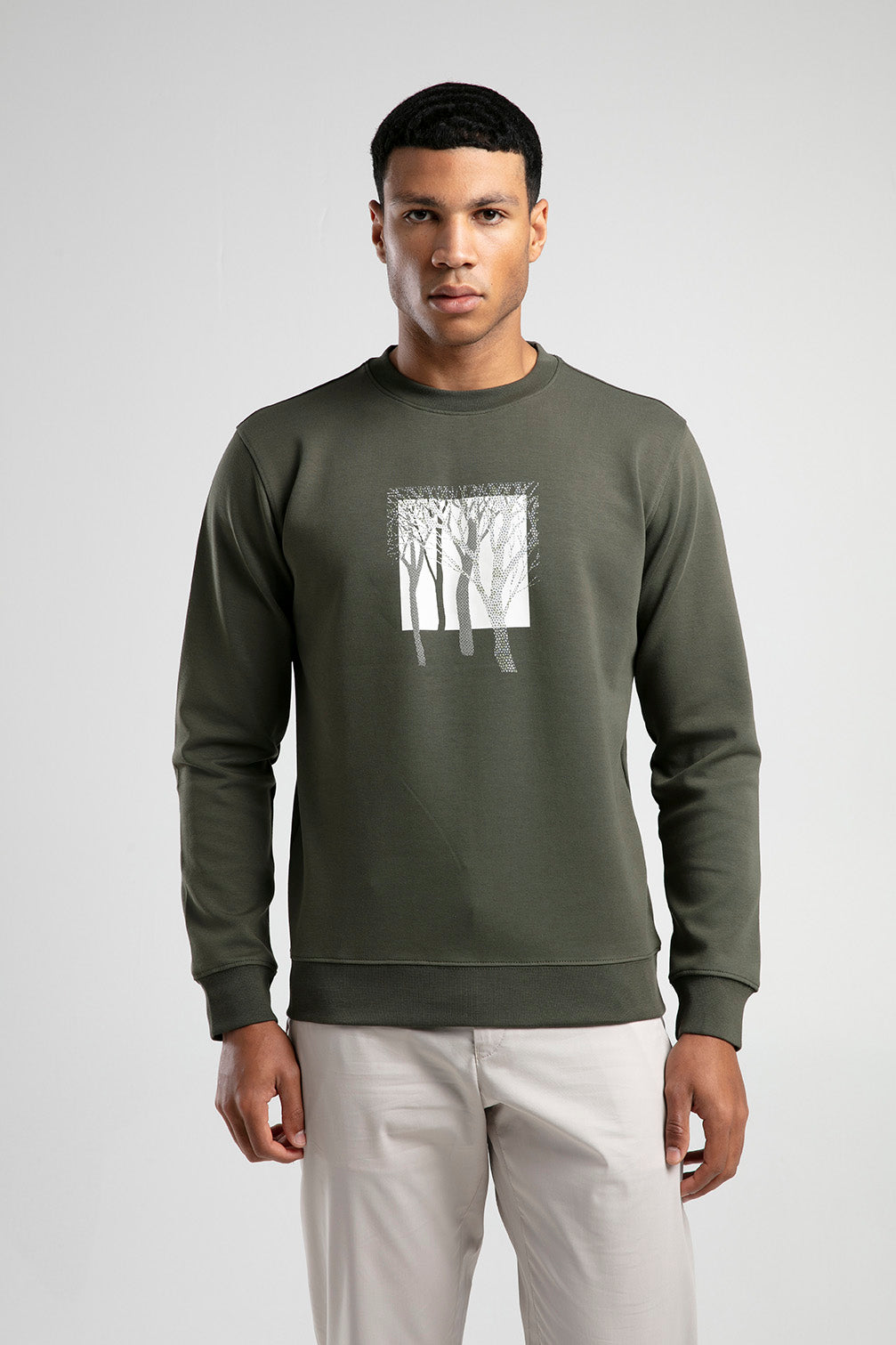 Ağaç Desen Baskılı Bisiklet Yaka Erkek Sweatshirt - Haki