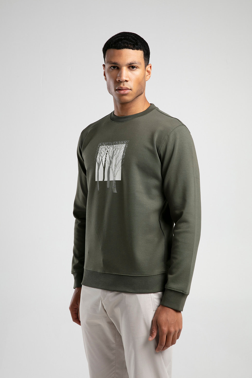 Ağaç Desen Baskılı Bisiklet Yaka Erkek Sweatshirt - Haki
