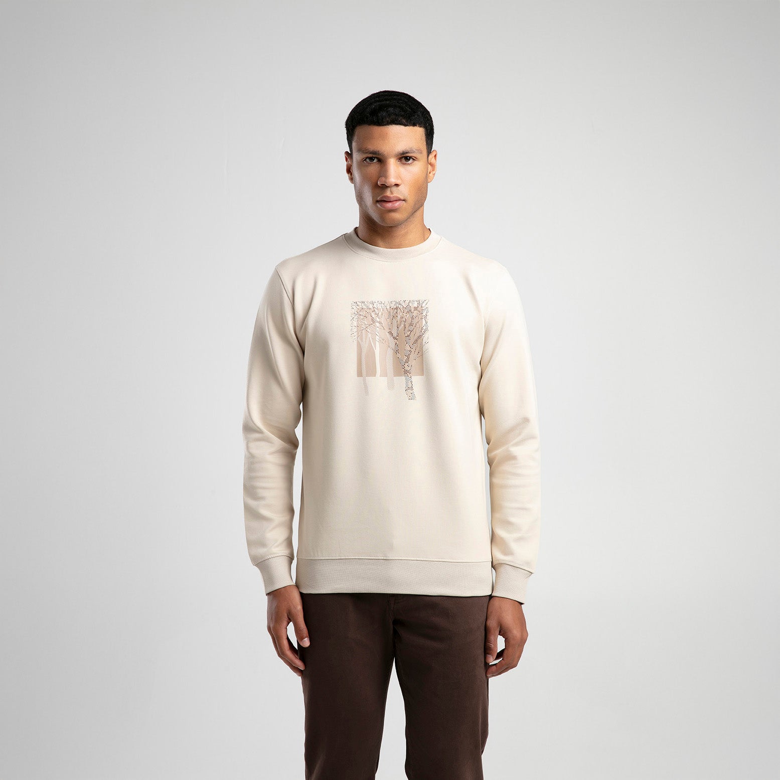 Ağaç Desen Baskılı Bisiklet Yaka Erkek Sweatshirt - Bej