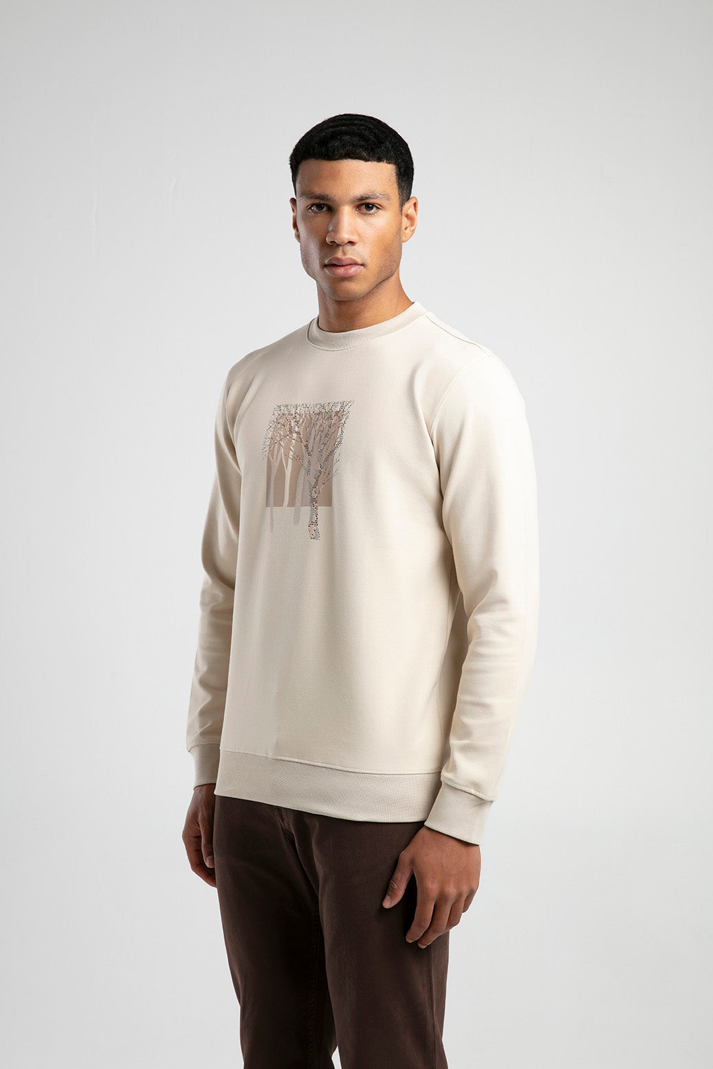 Ağaç Desen Baskılı Bisiklet Yaka Erkek Sweatshirt - Bej