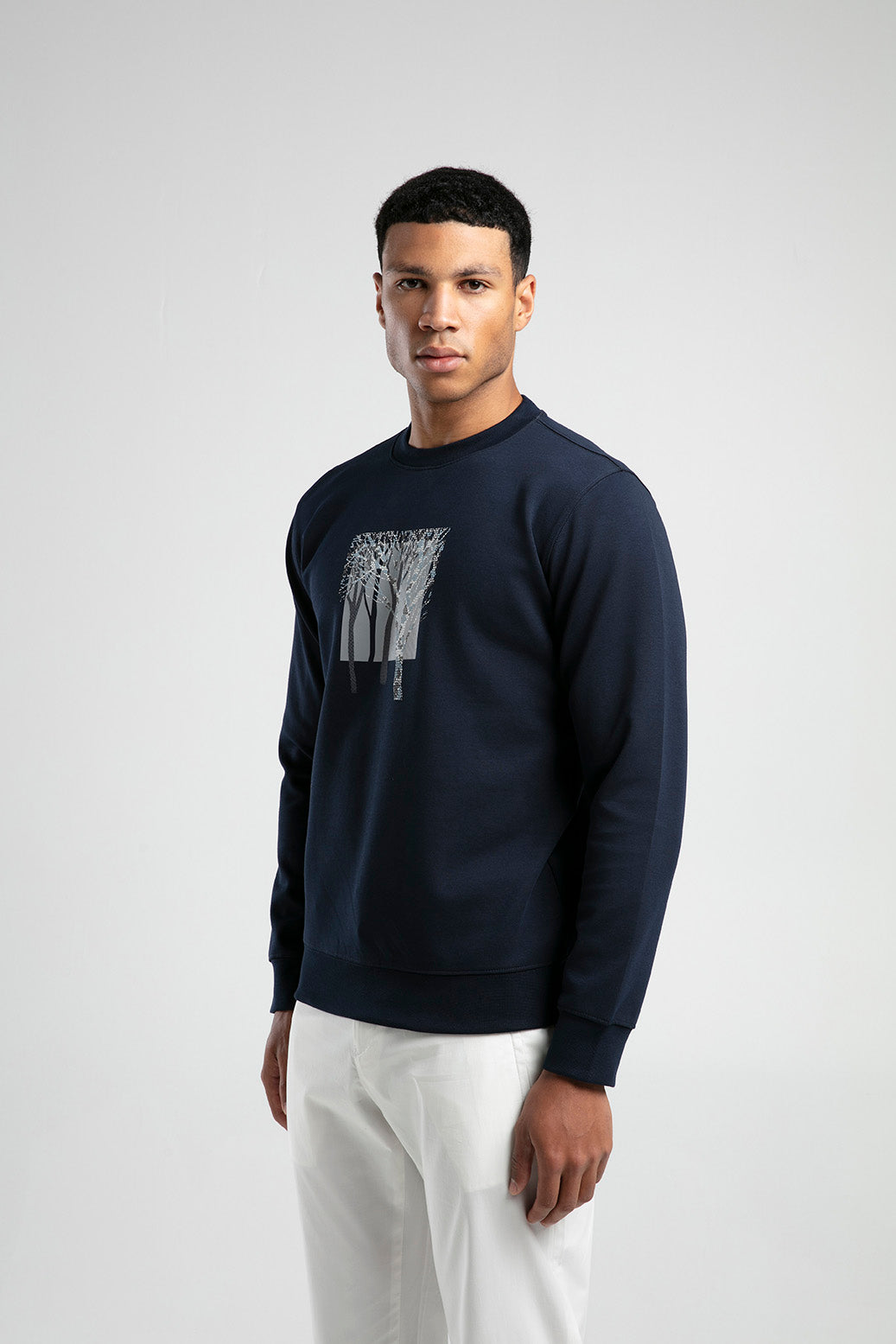 Ağaç Desen Baskılı Bisiklet Yaka Erkek Sweatshirt - Lacivert