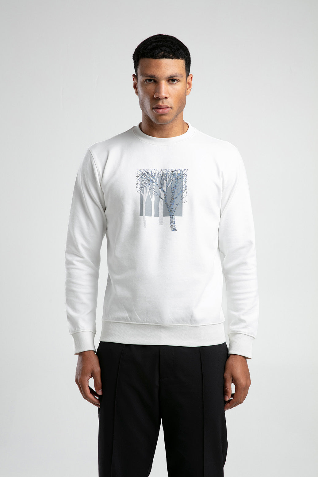 Ağaç Desen Baskılı Bisiklet Yaka Erkek Sweatshirt - Beyaz