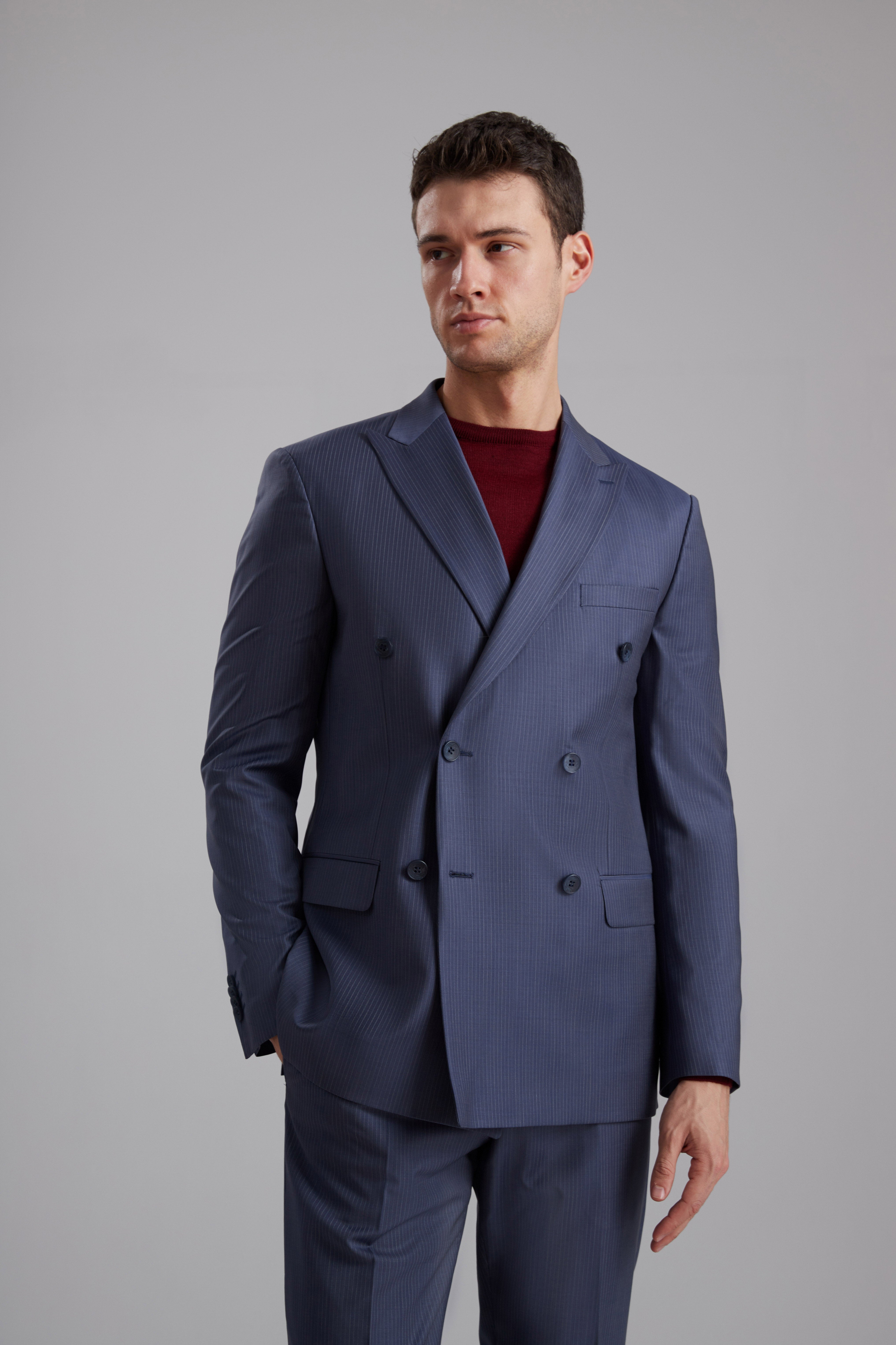Pinstripe Wrap-Front Wool Blend Suit