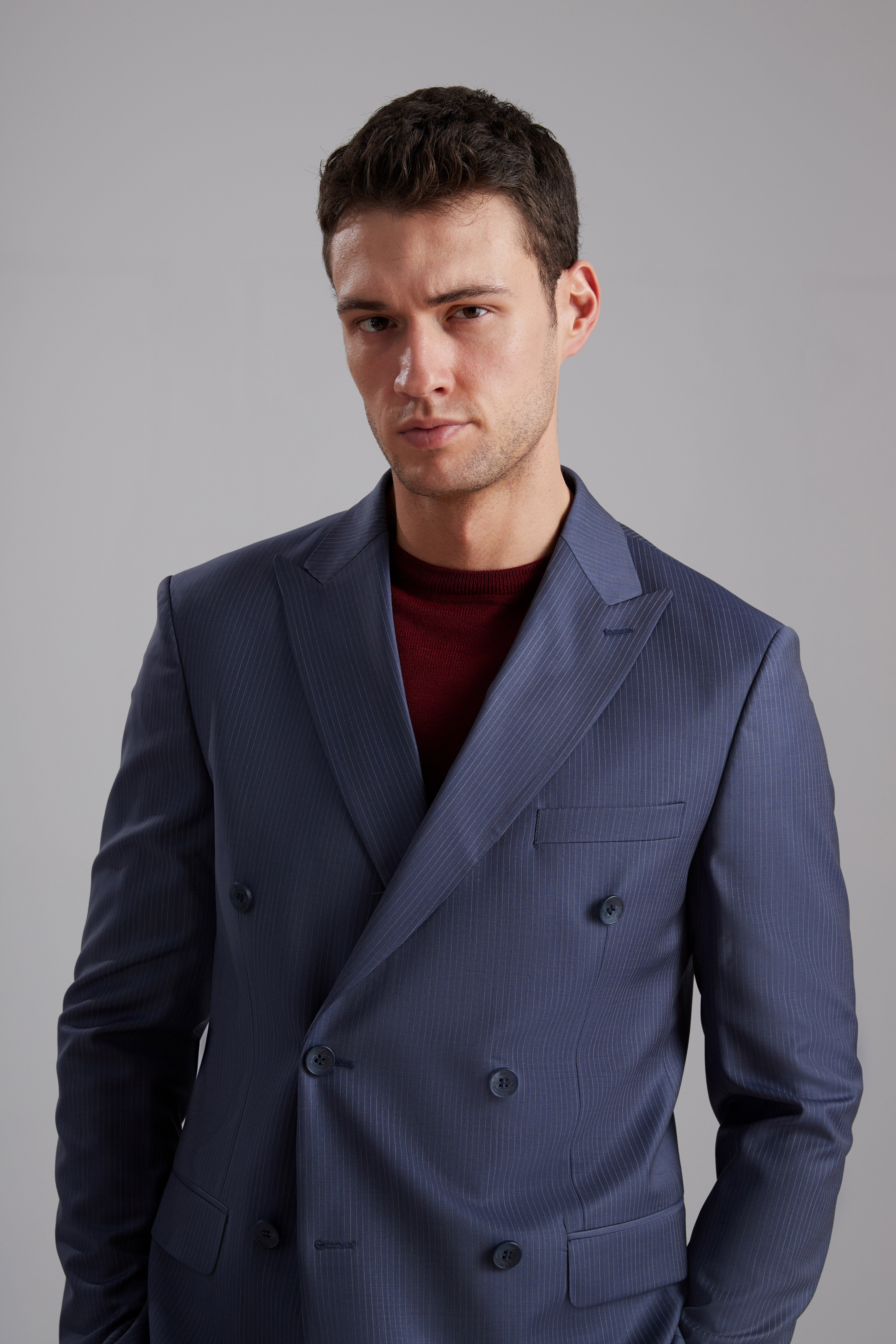 Pinstripe Wrap-Front Wool Blend Suit