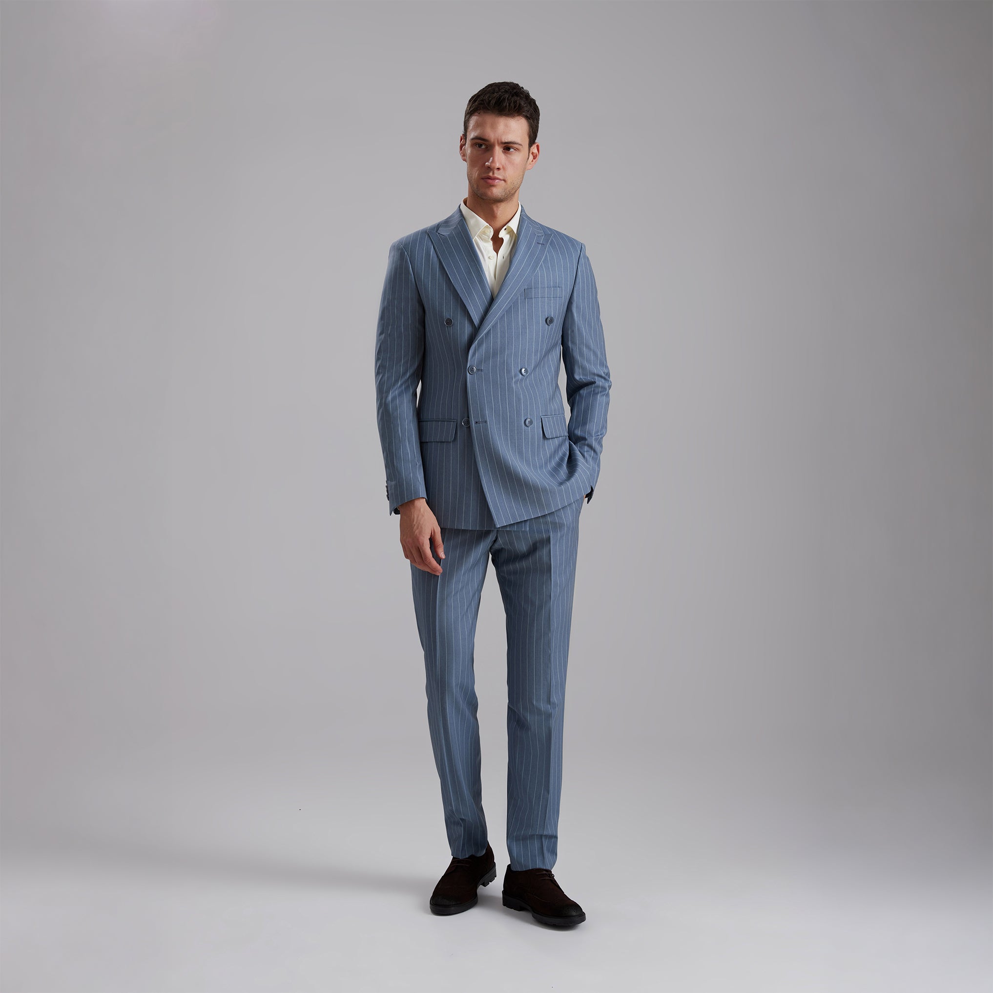 Çizgi Desenli Kruvaze Yün Karışımlı Takım Elbise