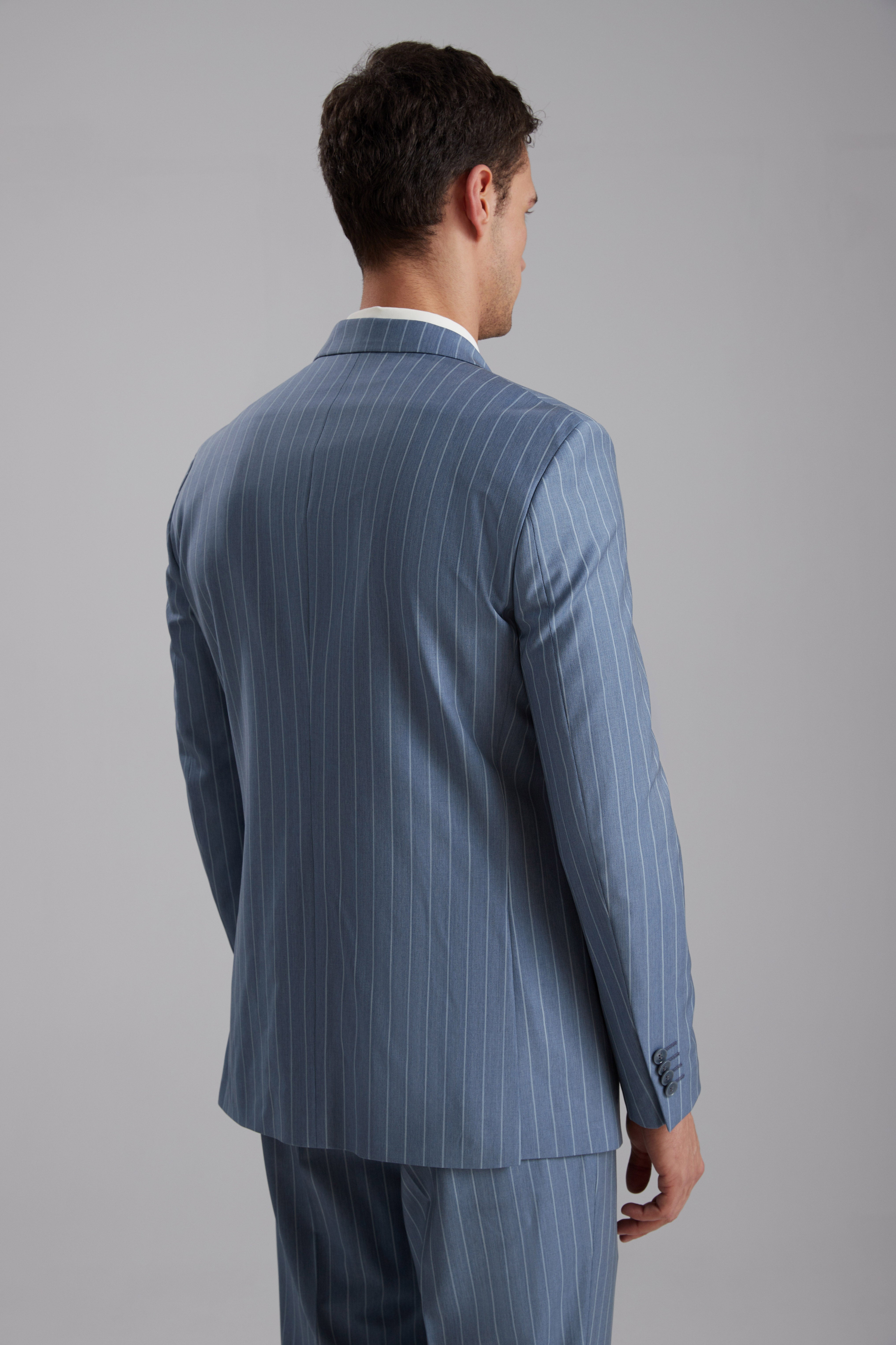 Pinstriped Double-Breasted Wool Blend Suit