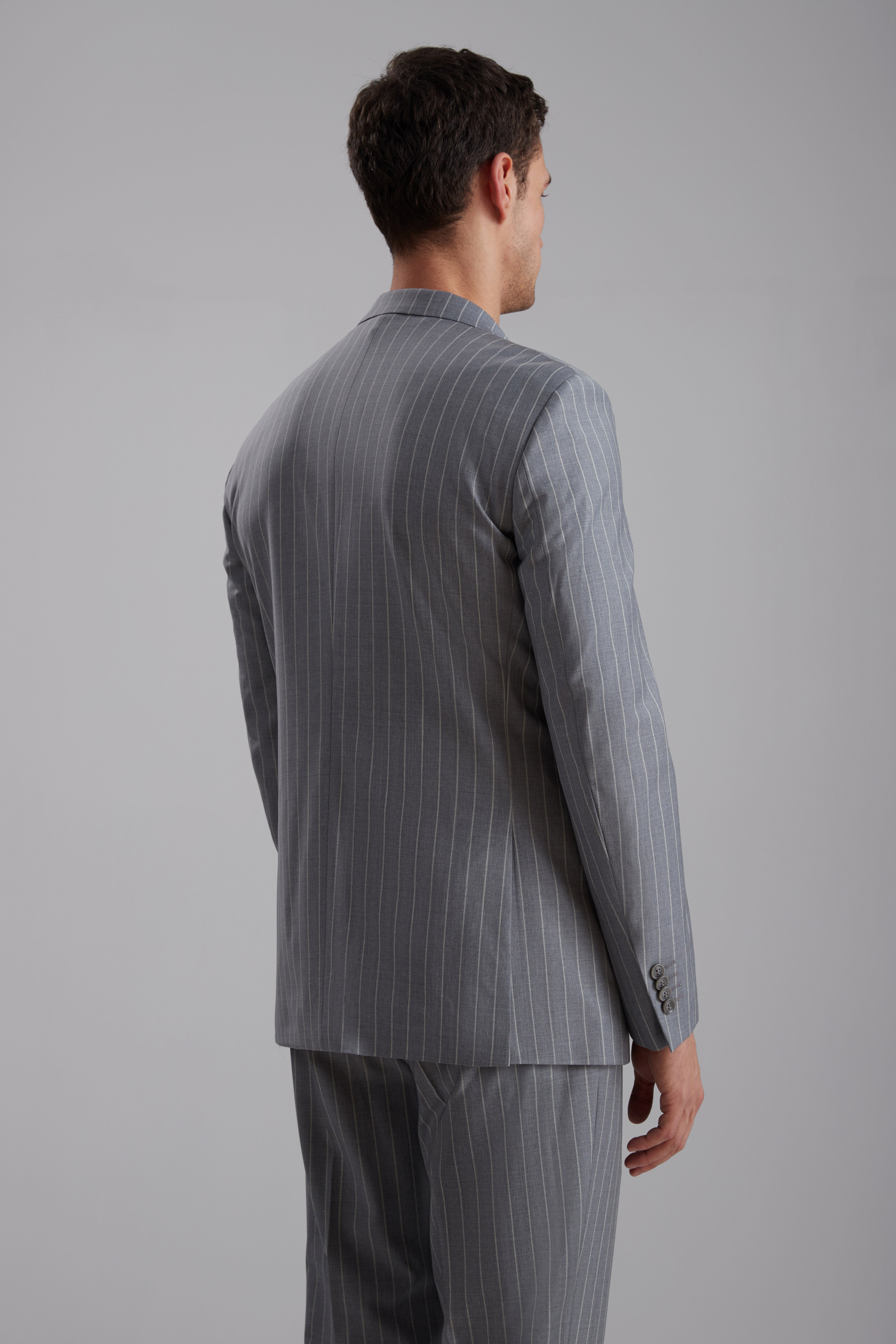 Pinstriped Double-Breasted Wool Blend Suit