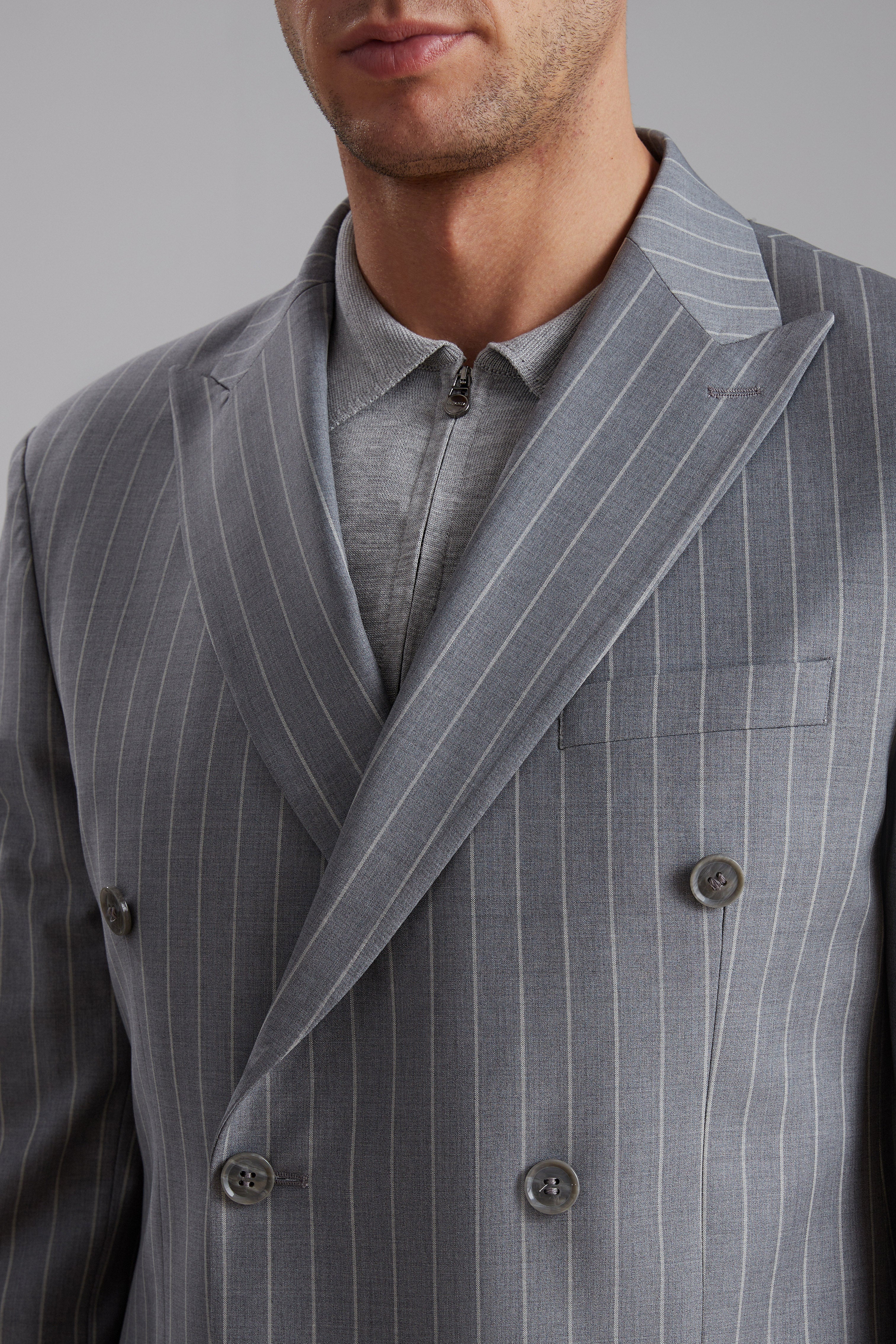 Pinstriped Double-Breasted Wool Blend Suit