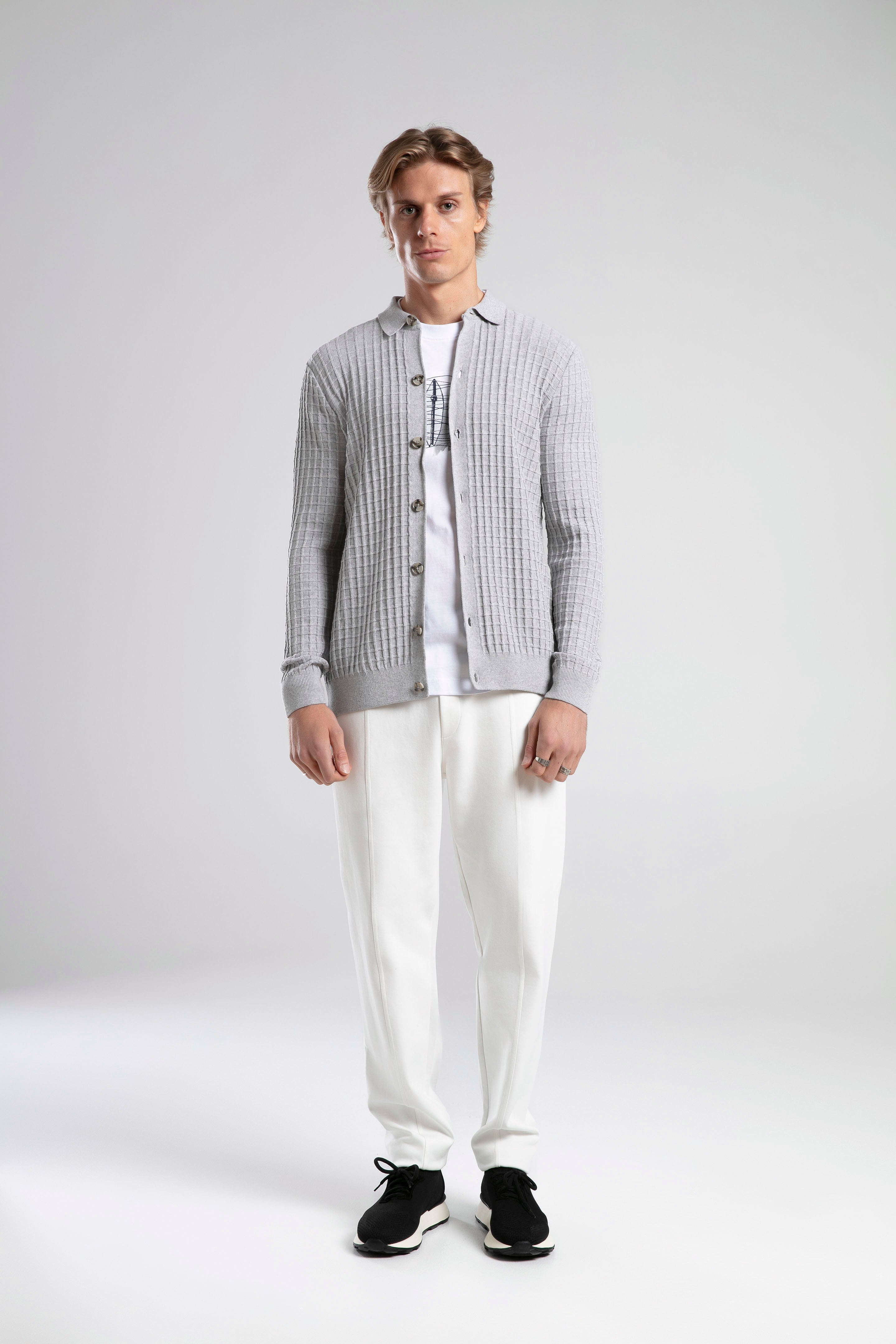 Textured Knit Polo Neck Cardigan