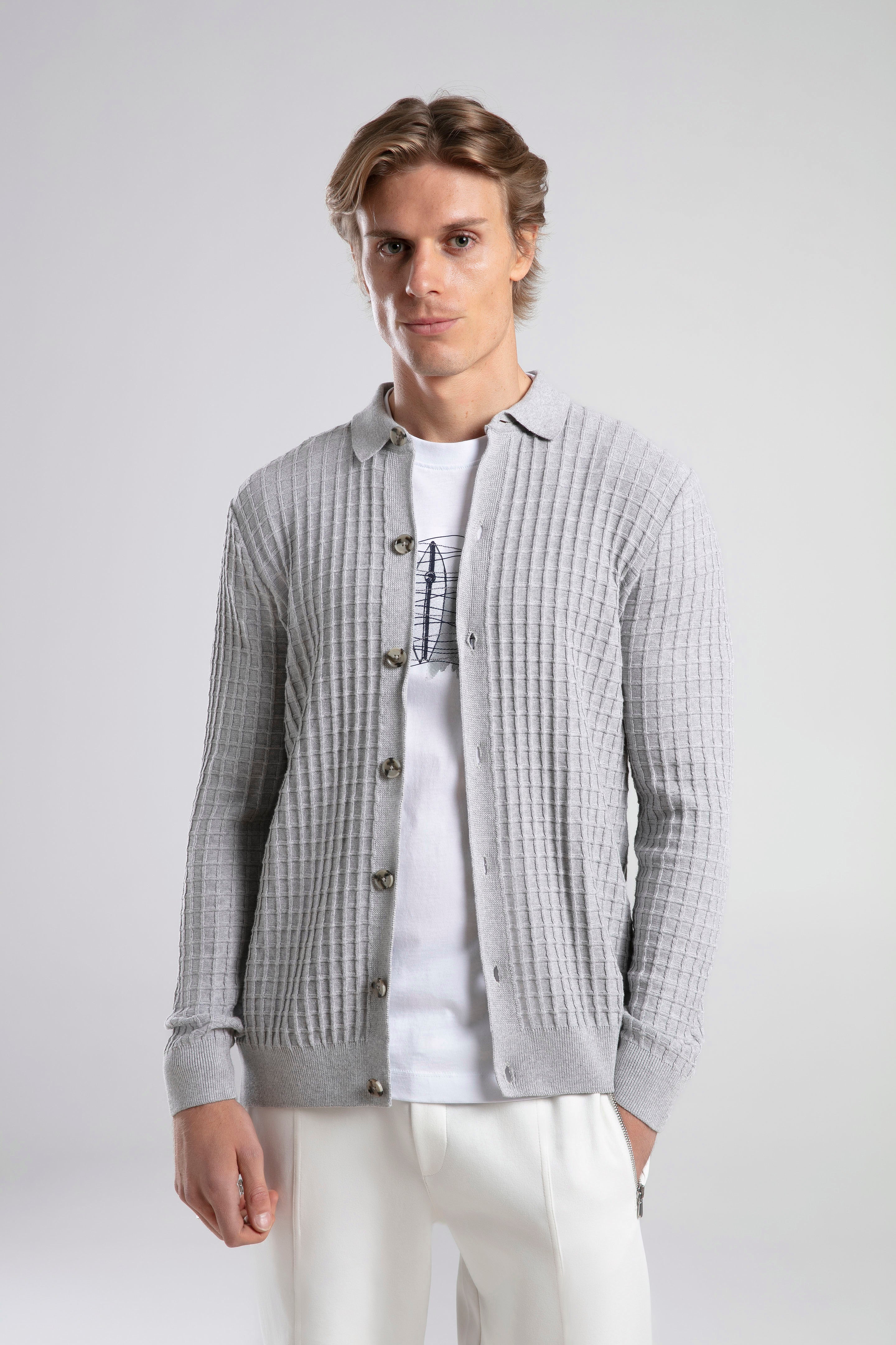 Textured Knit Polo Neck Cardigan