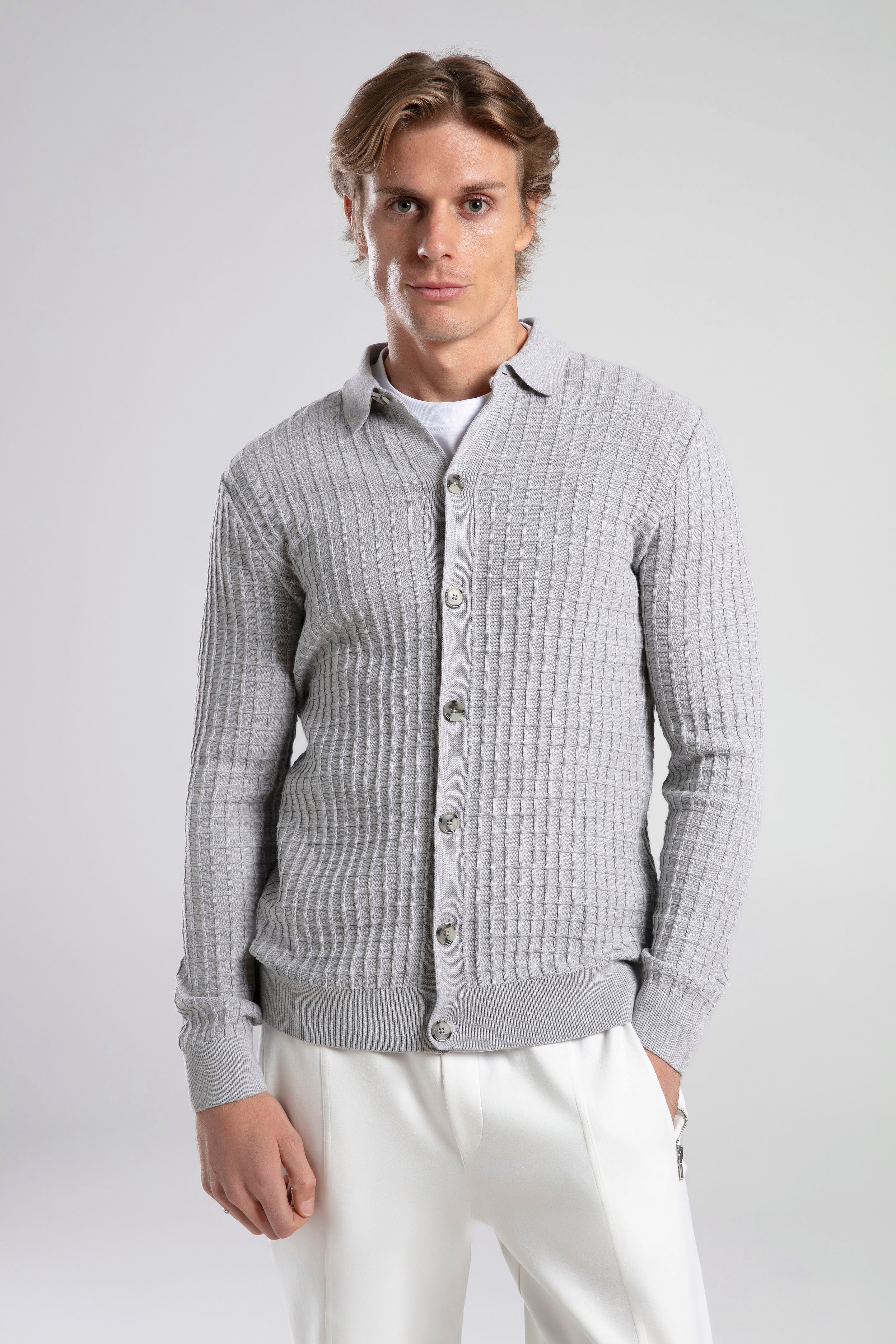Textured Knit Polo Neck Cardigan