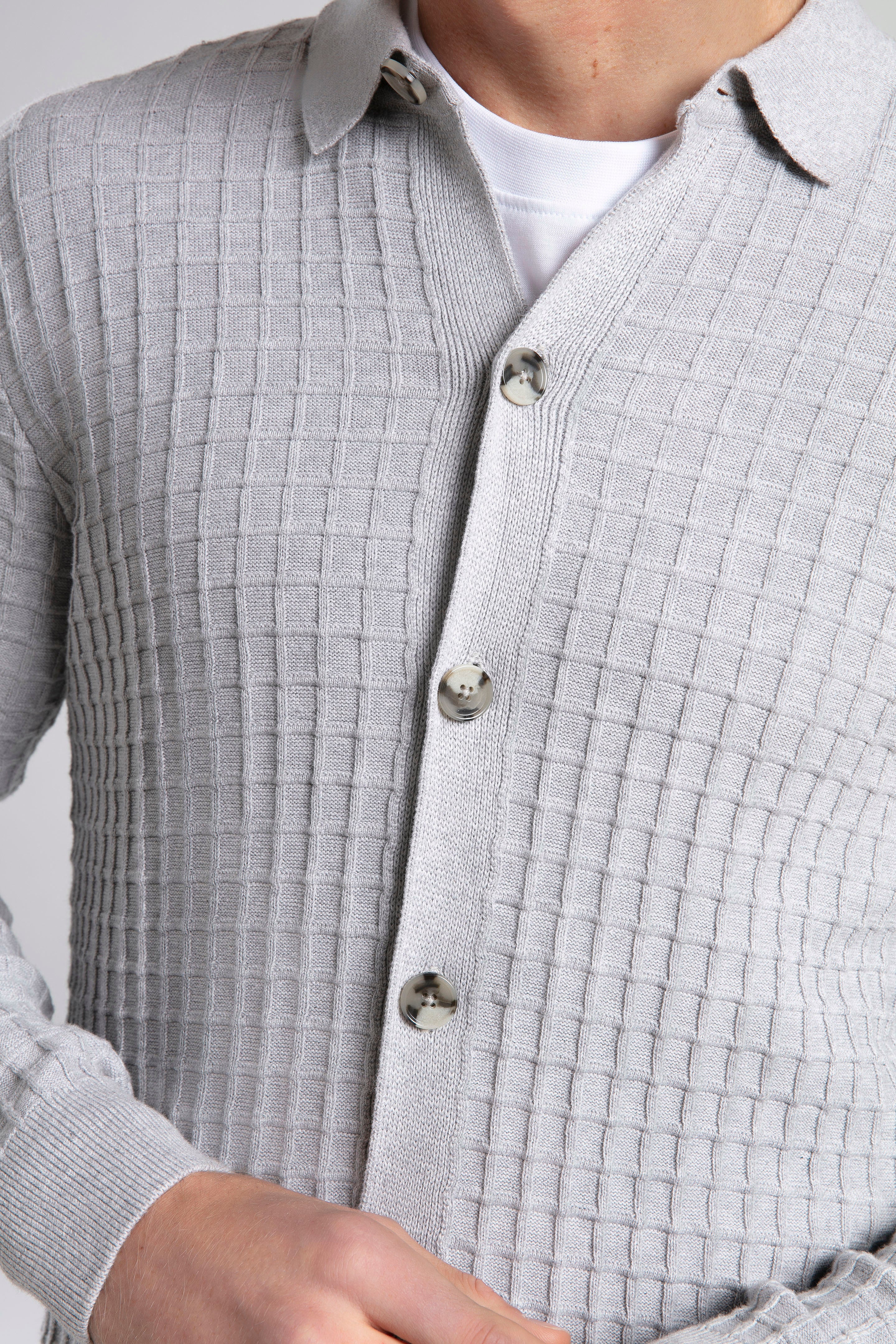 Textured Knit Polo Neck Cardigan
