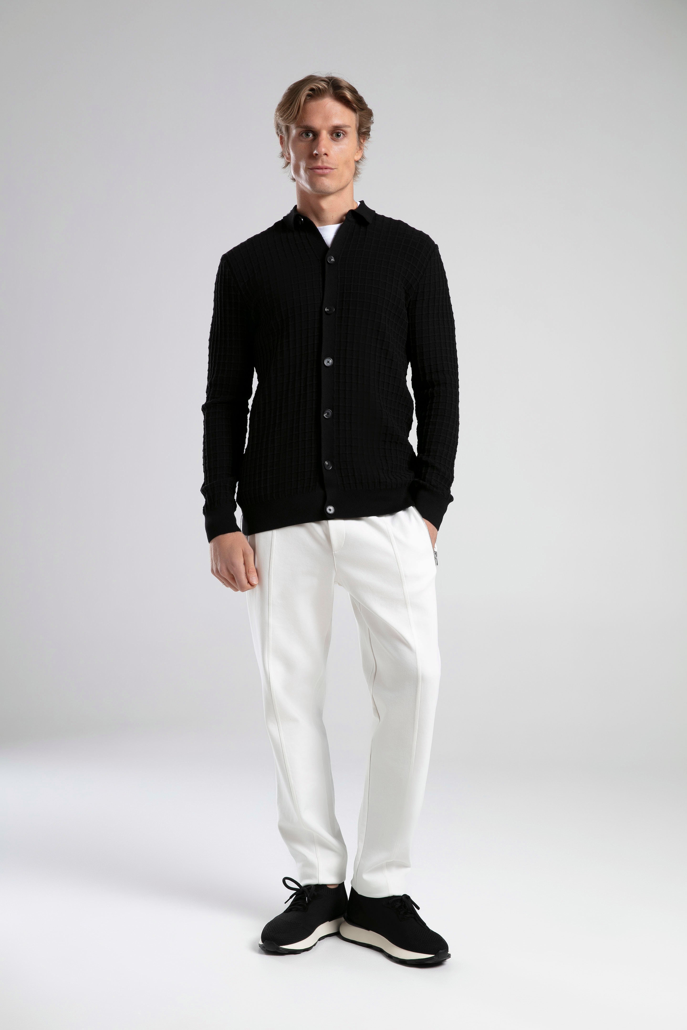 Textured Knit Polo Neck Cardigan