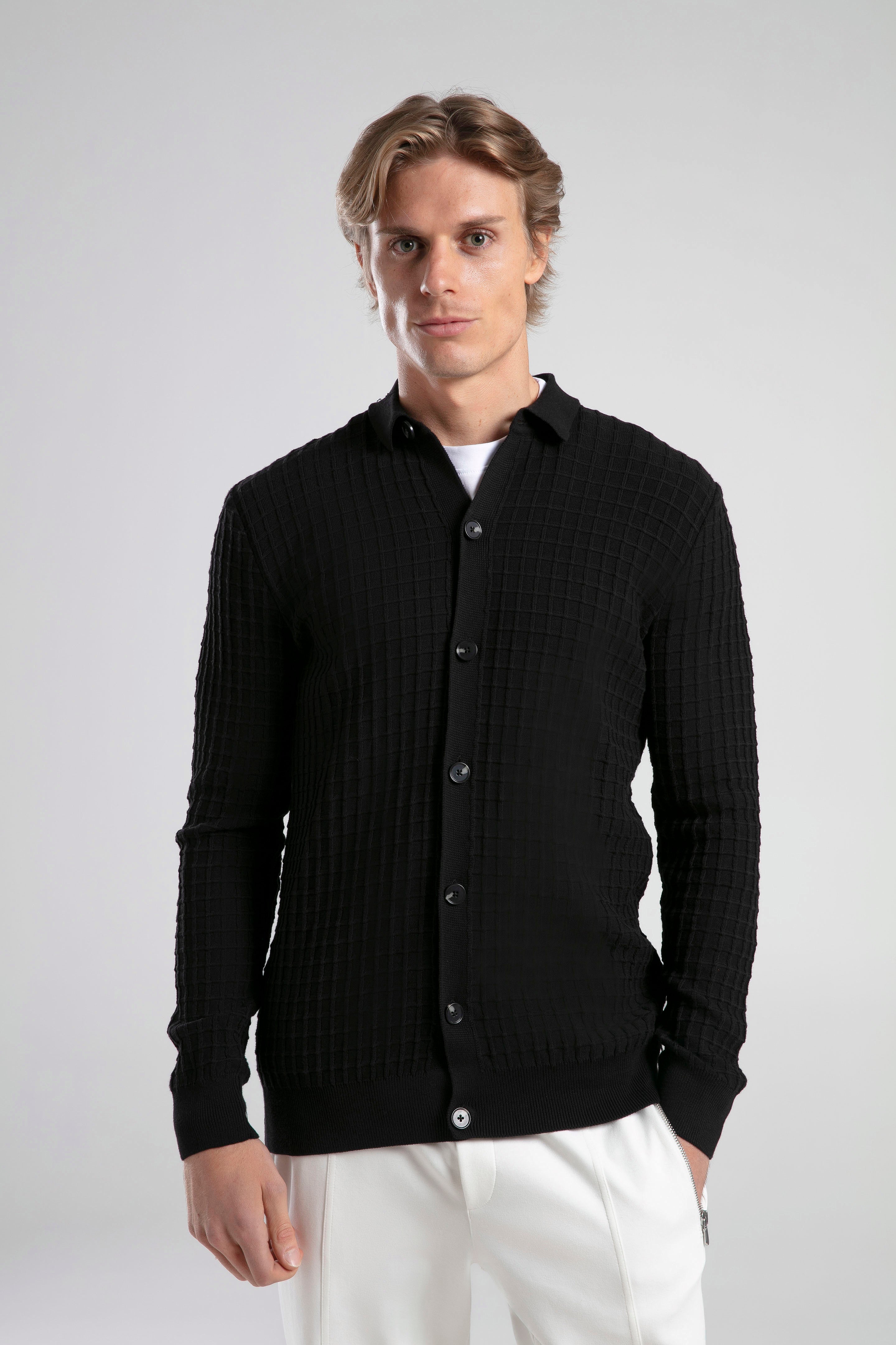 Textured Knit Polo Neck Cardigan