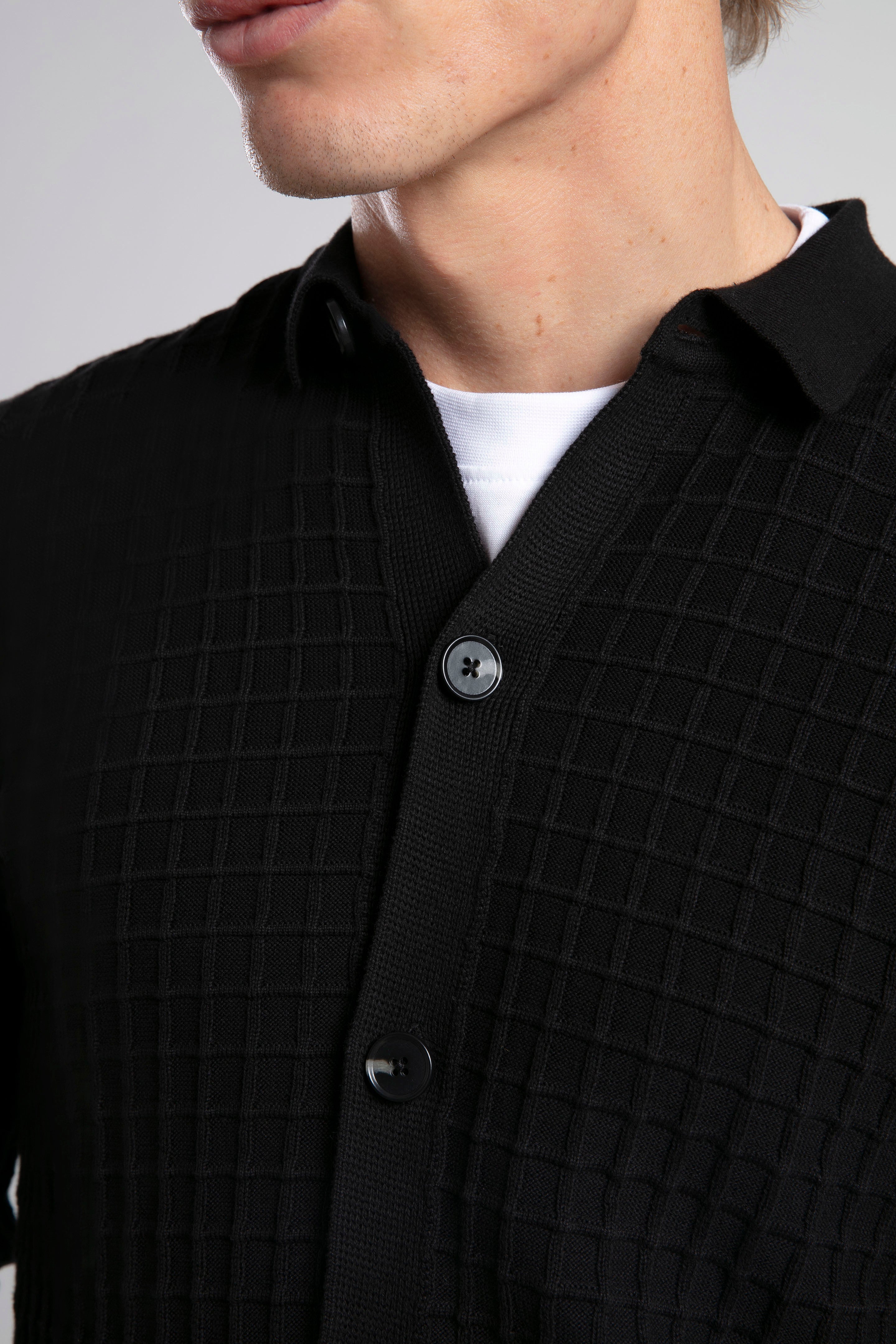Textured Knit Polo Neck Cardigan
