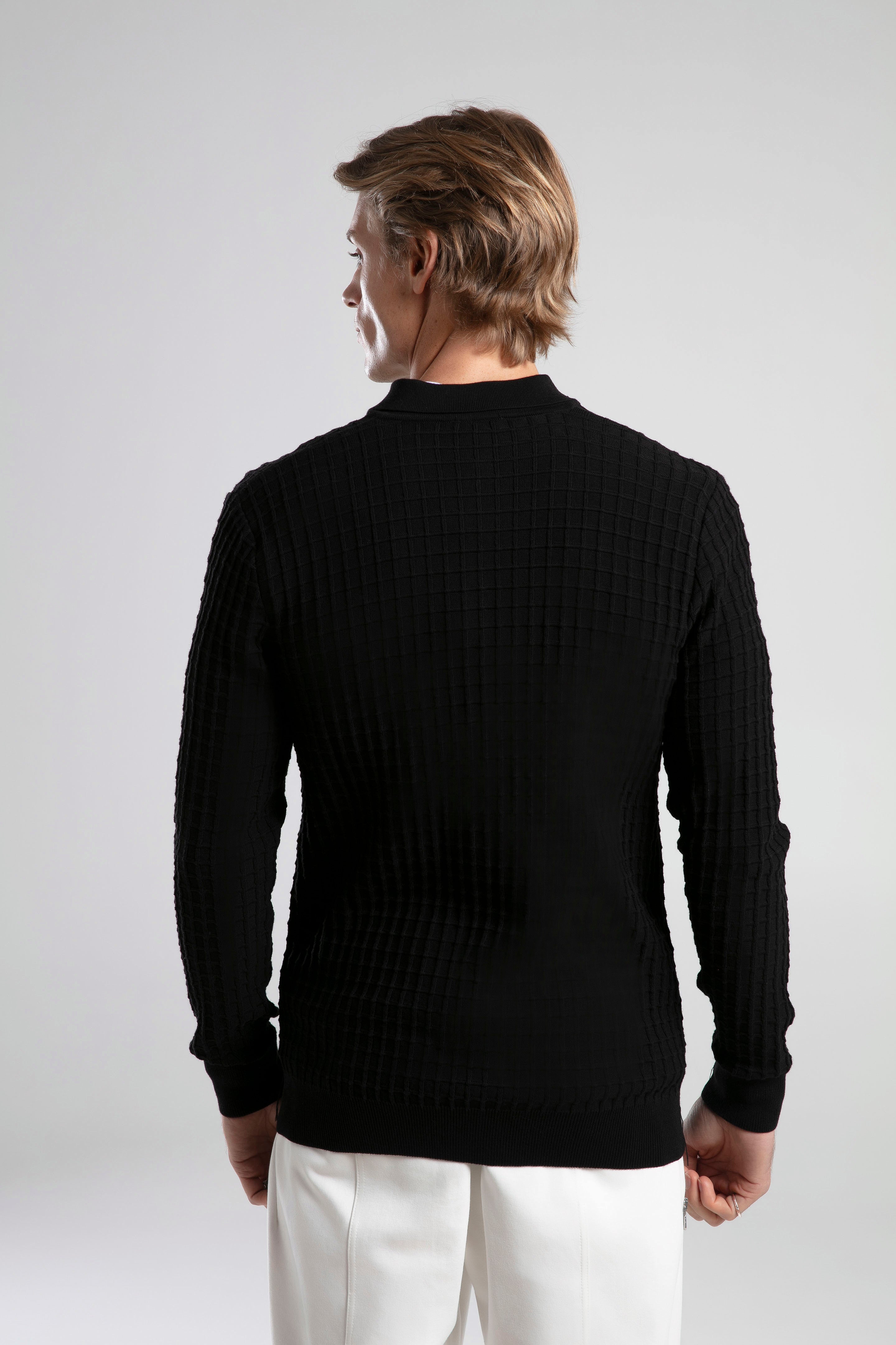 Textured Knit Polo Neck Cardigan