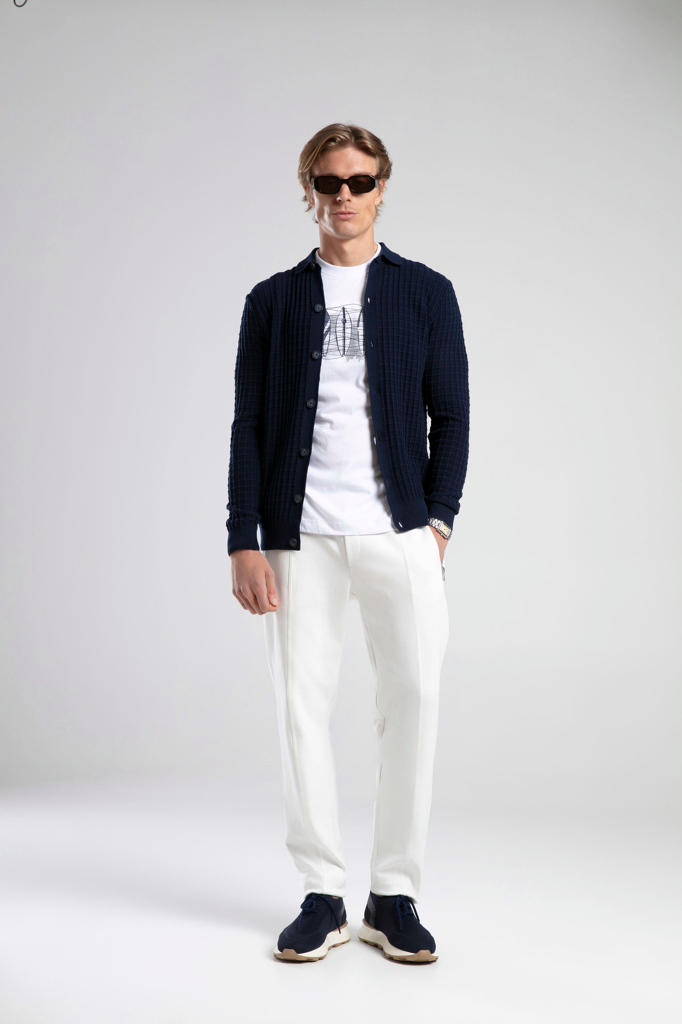 Textured Knit Polo Neck Cardigan