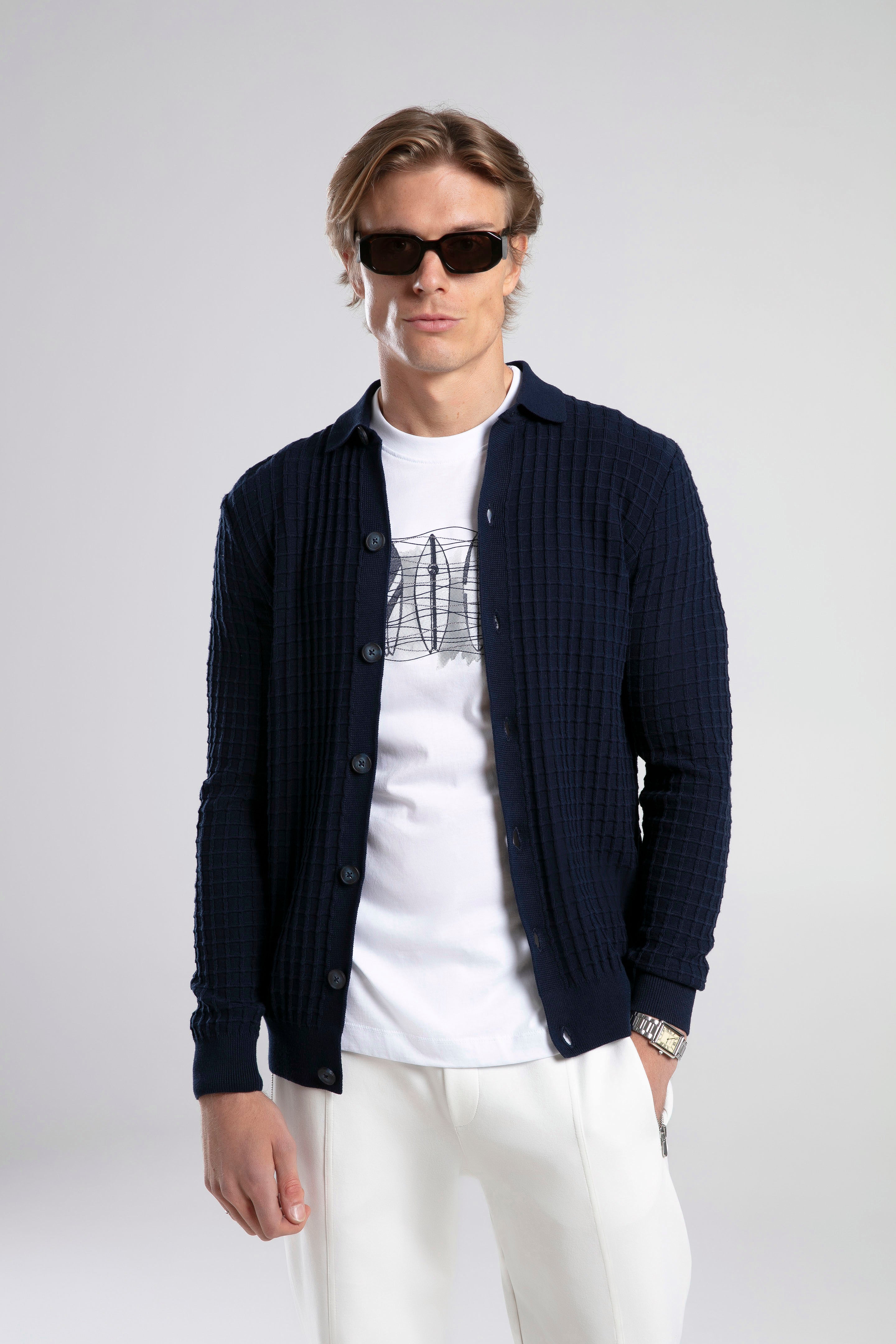 Textured Knit Polo Neck Cardigan