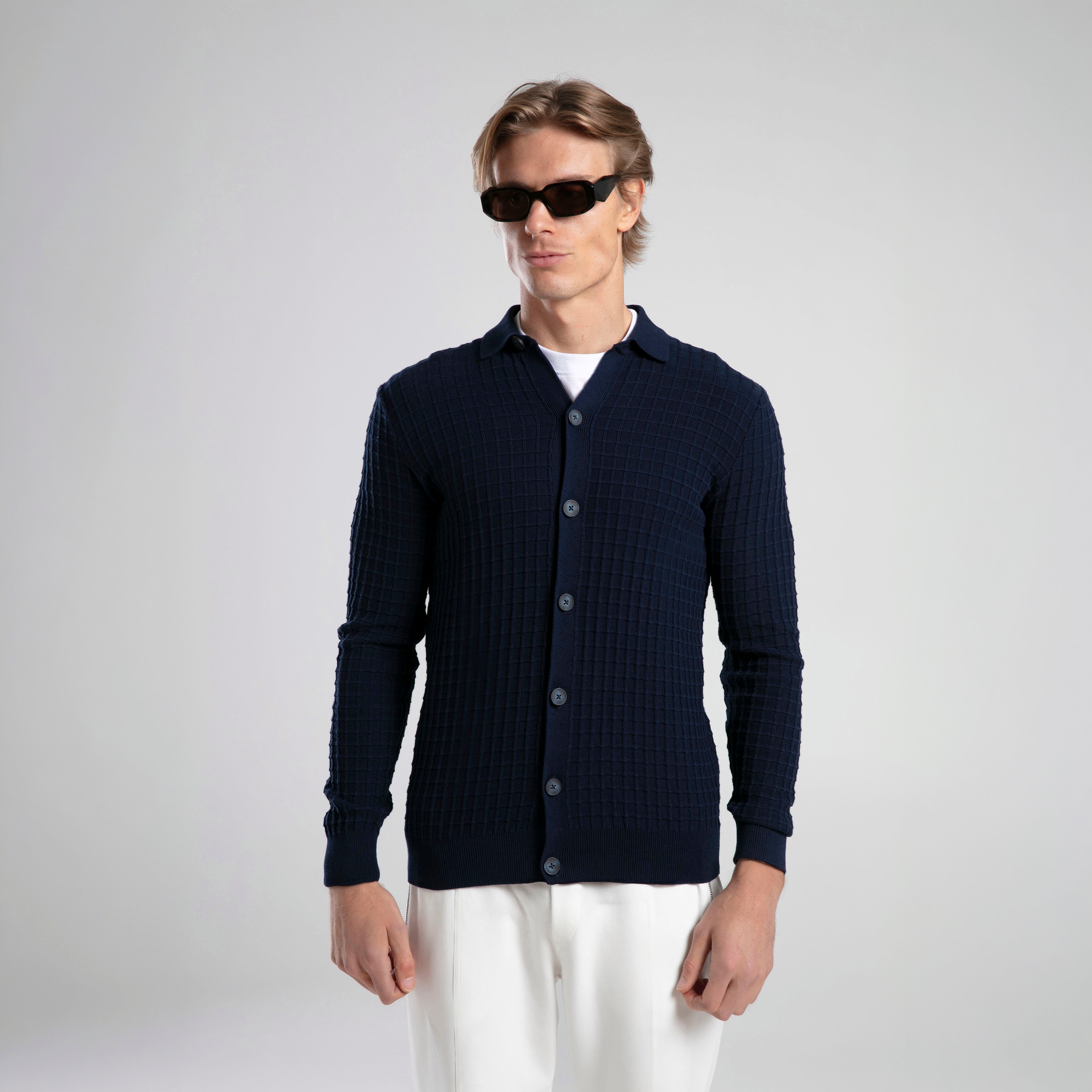 Textured Knit Polo Neck Cardigan
