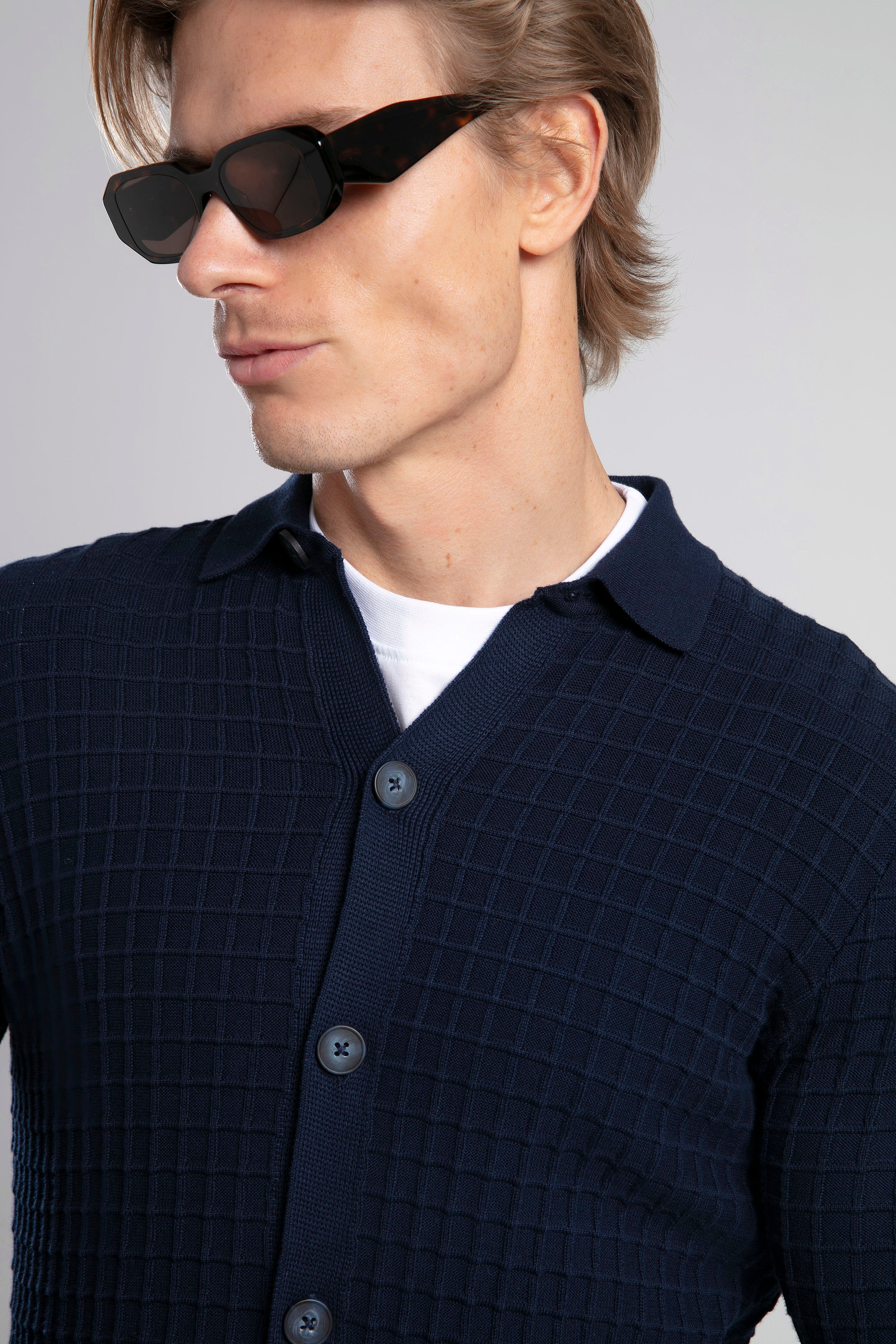 Textured Knit Polo Neck Cardigan