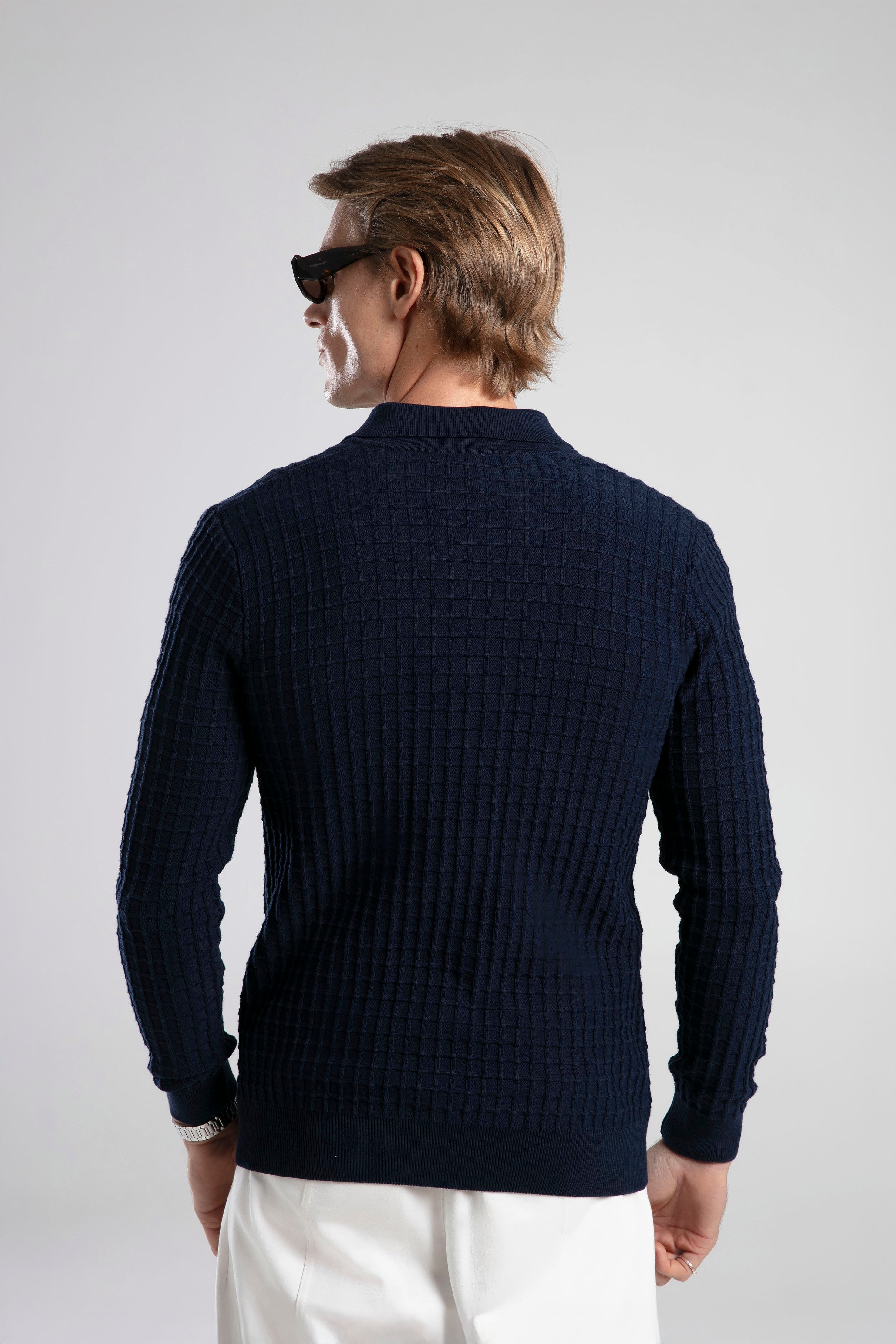 Textured Knit Polo Neck Cardigan