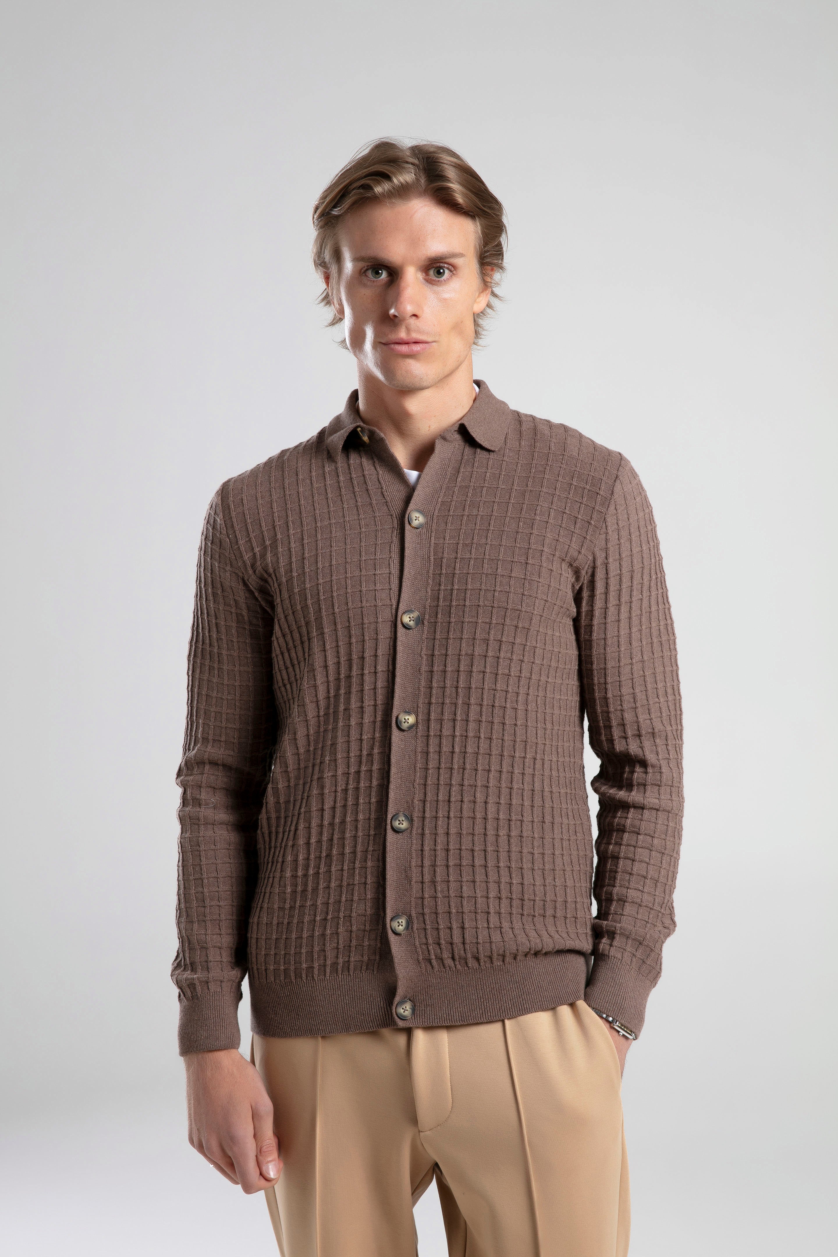 Textured Knit Polo Neck Cardigan