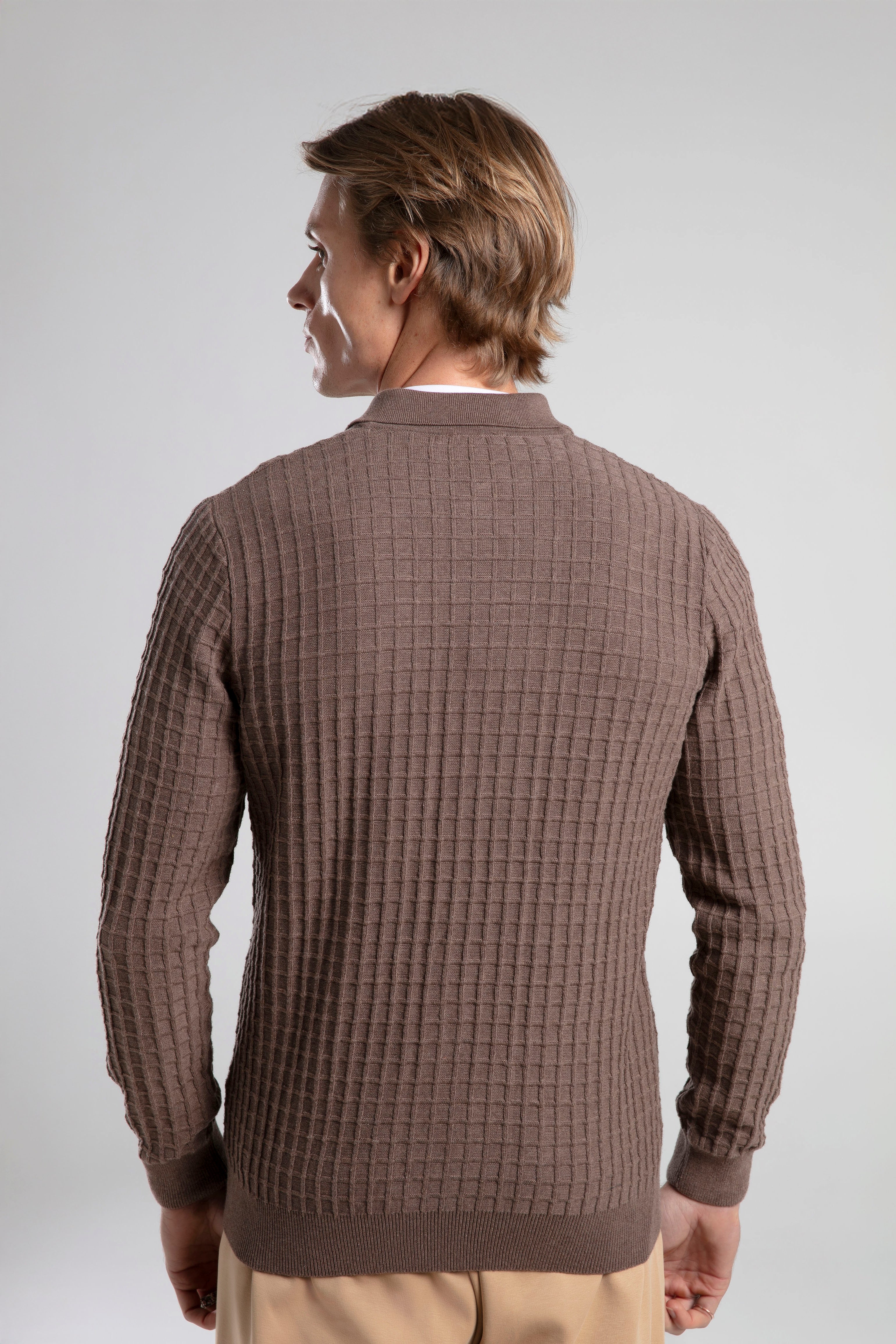 Textured Knit Polo Neck Cardigan