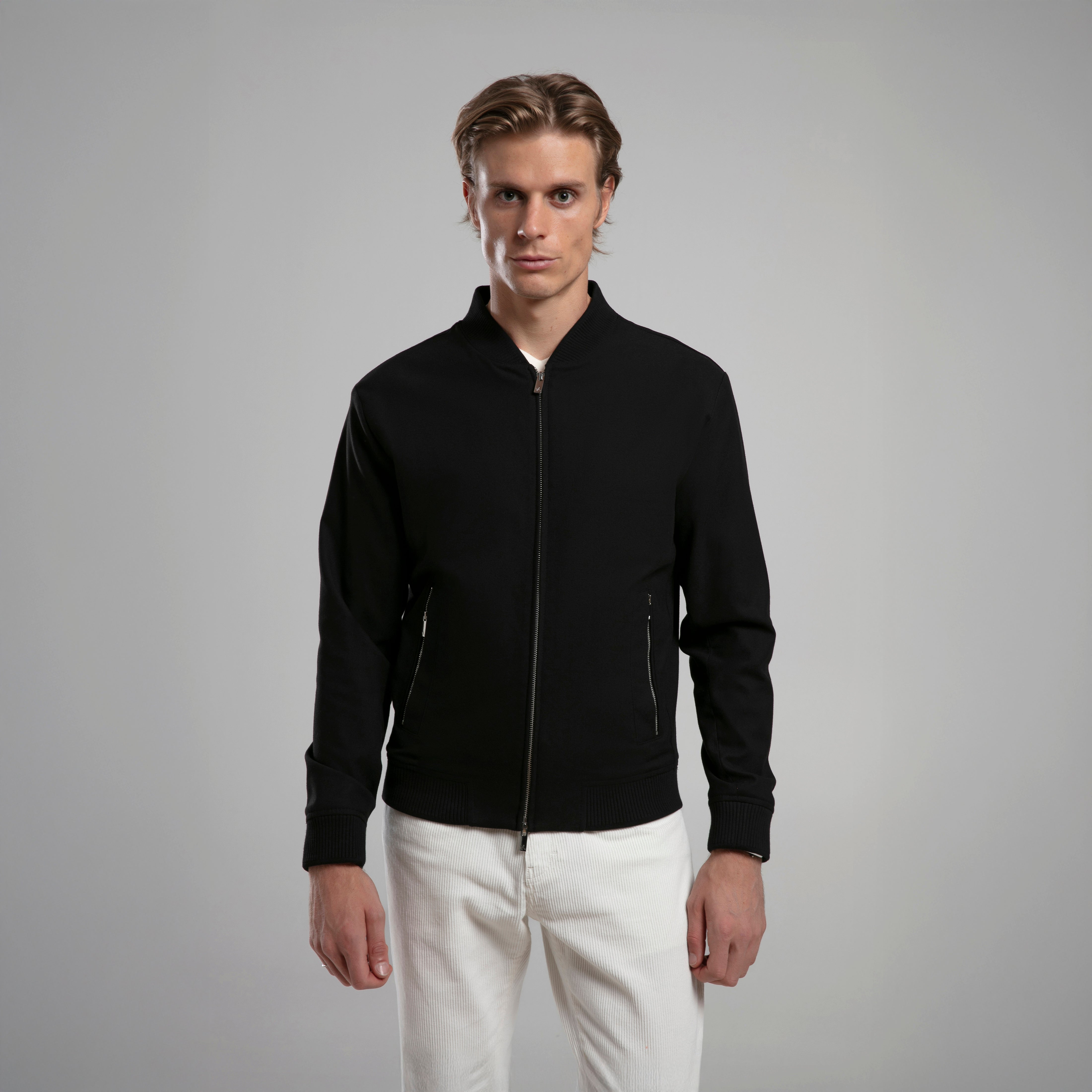 Dokulu Kumaş Bomber Ceket - Siyah